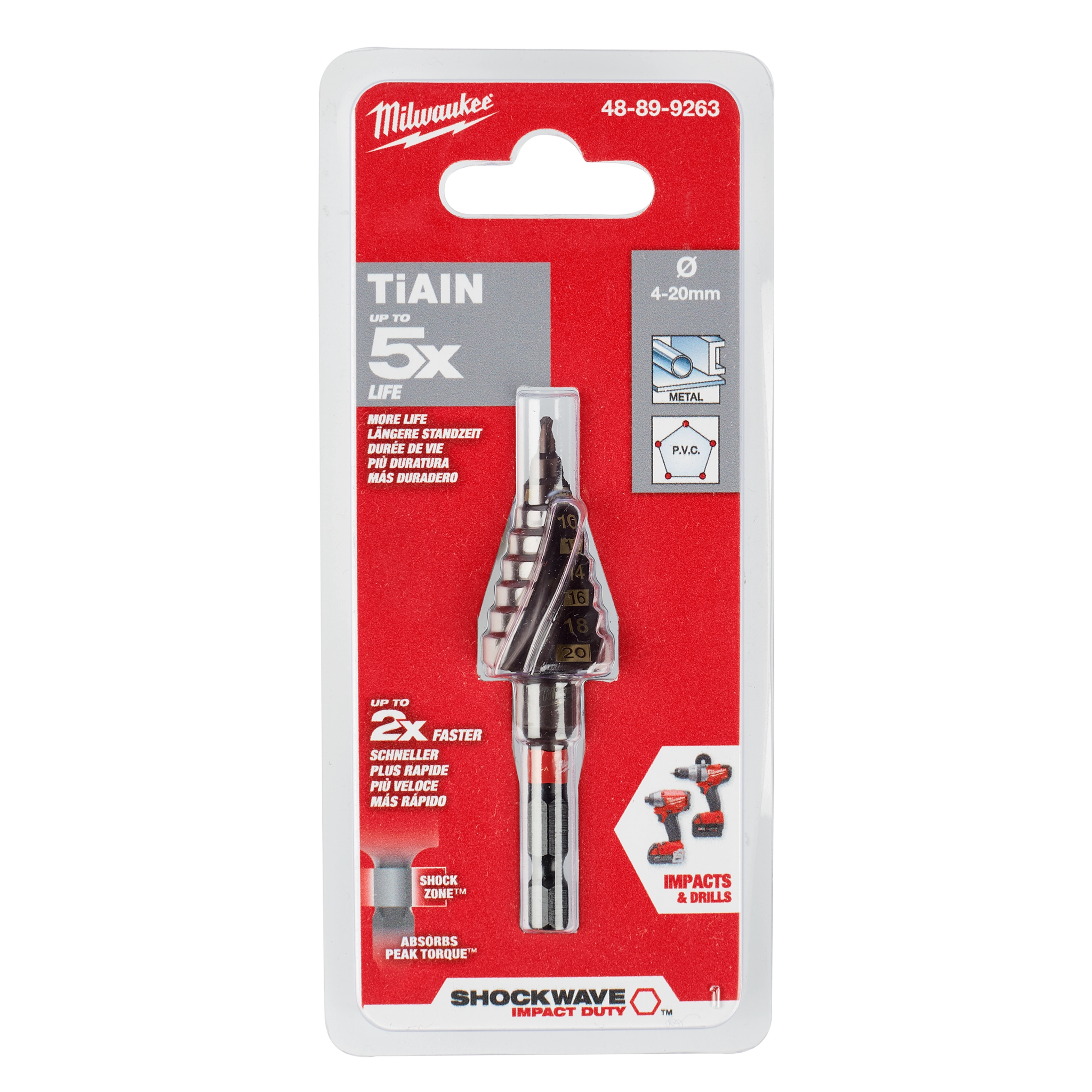 Blister pack of SHOCKWAVE Impact Duty Metric Step Bit 4-20mm with measurement marks, suitable for metal and PVC drilling applications.