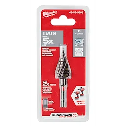 Blister pack of SHOCKWAVE Impact Duty Metric Step Bit 4-20mm with measurement marks, suitable for metal and PVC drilling applications.