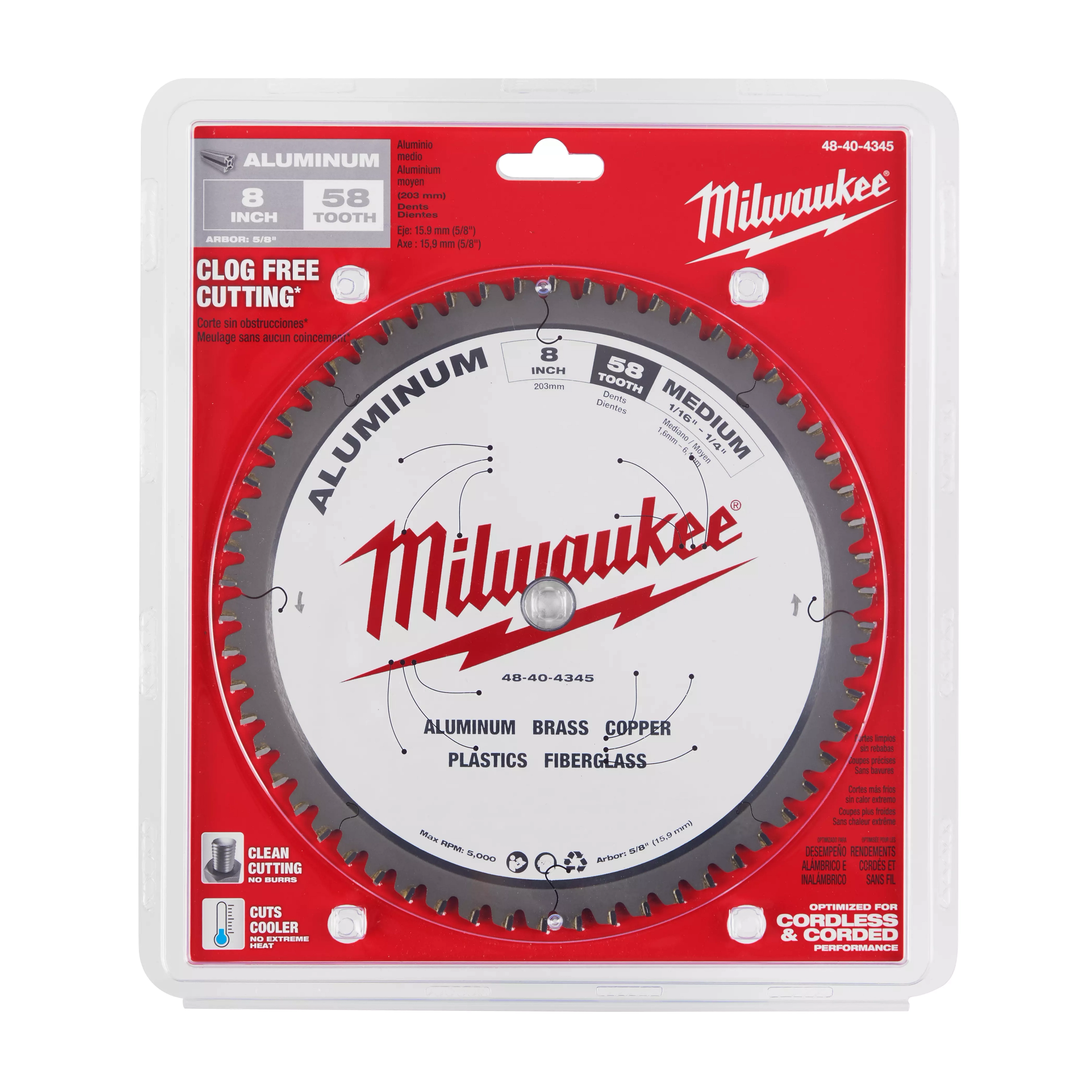 8” Aluminum Cutting Circular Saw Blade with 58 teeth in red and white packaging, designed for cutting aluminum, brass, copper, plastics, and fiberglass.