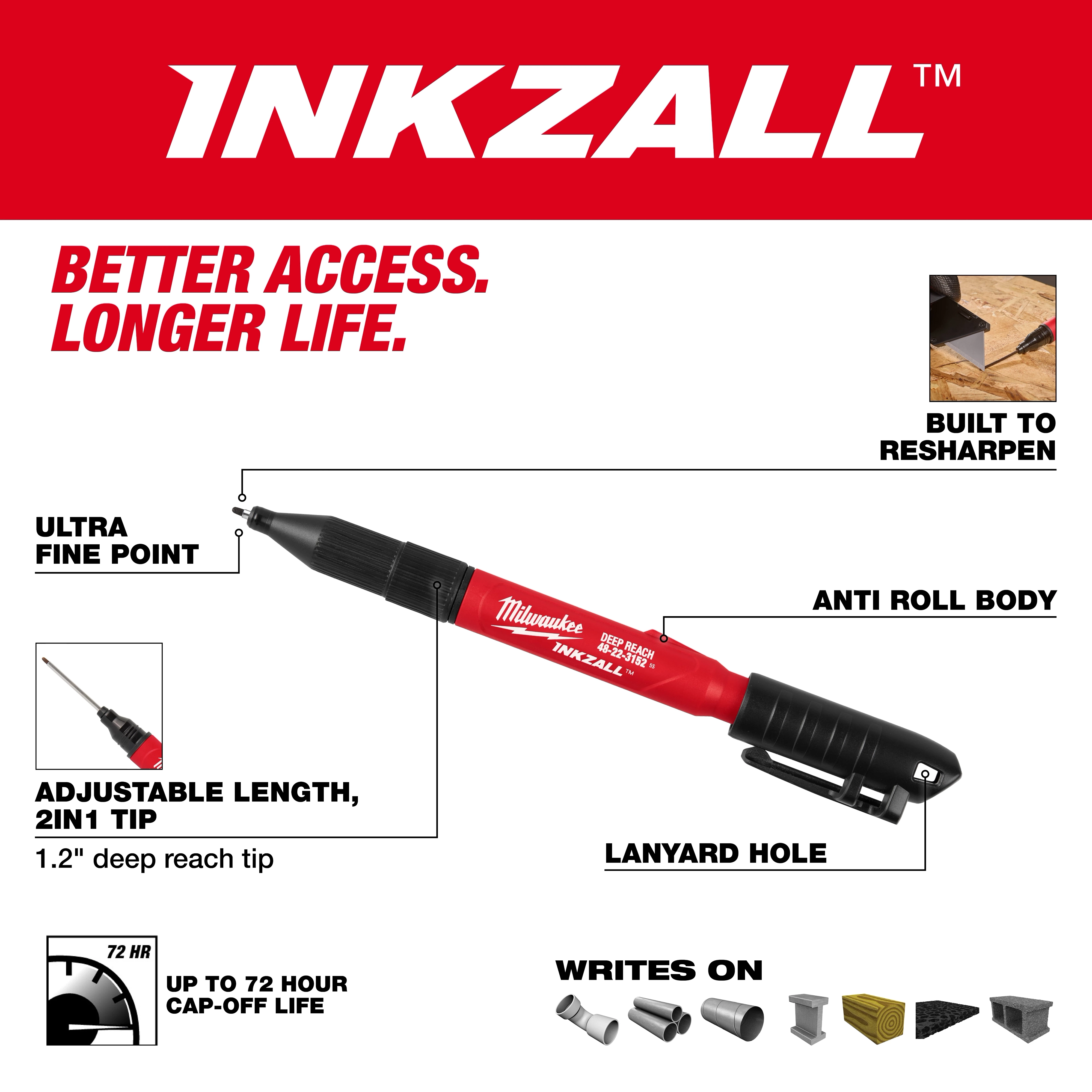 The INKZALL™ 2IN1 Deep Reach Ultra Fine Point Black Jobsite Marker features an ultra-fine point, 1.2-inch adjustable deep reach tip, anti-roll body, lanyard hole, and up to 72-hour cap-off life. Built to resharpen, it writes on various surfaces.