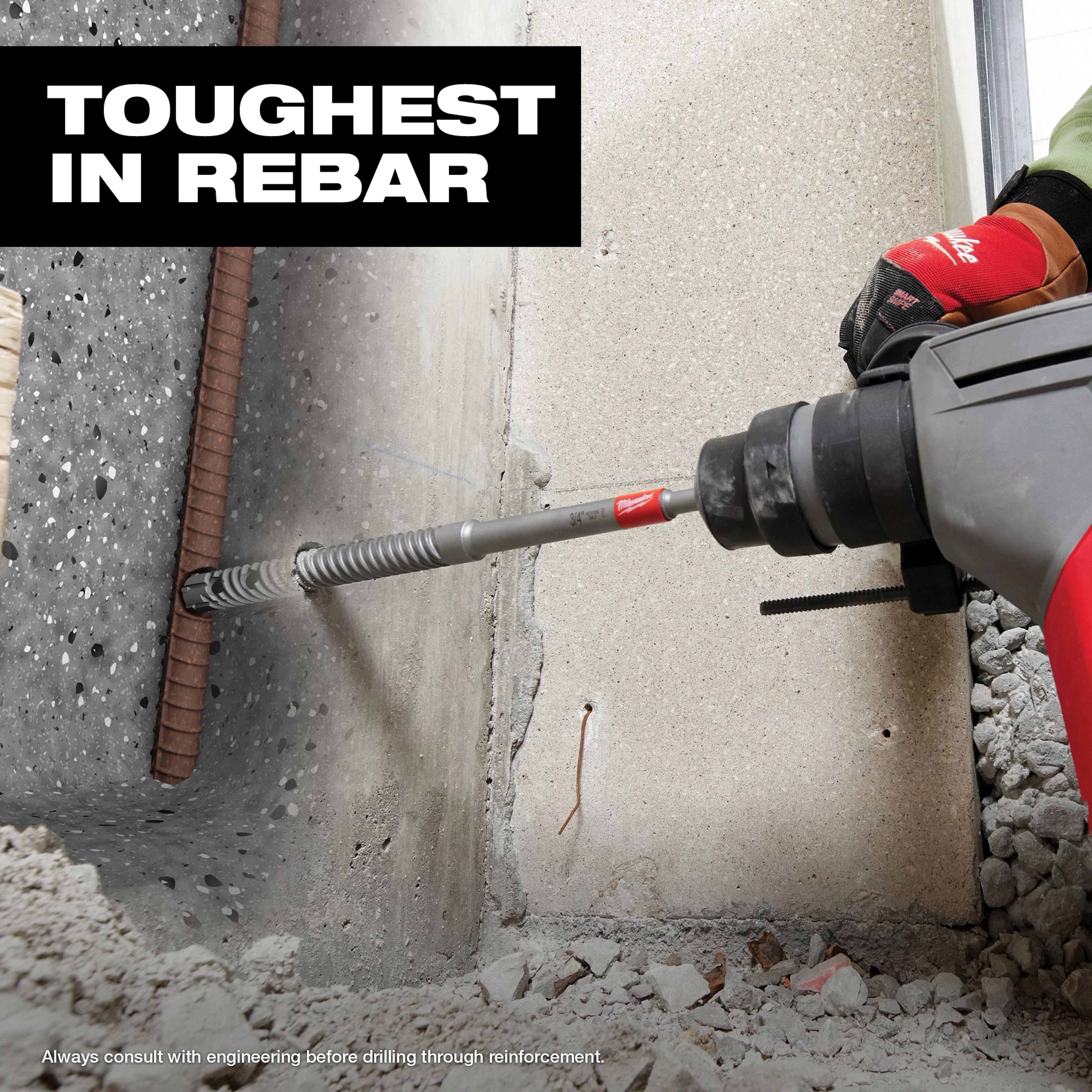Rebar Cutter Image Reel in use on concrete with rebar, accompanied by text "Toughest in Rebar." Debris is scattered on the ground.