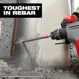 Rebar Cutter Image Reel in use on concrete with rebar, accompanied by text "Toughest in Rebar." Debris is scattered on the ground.
