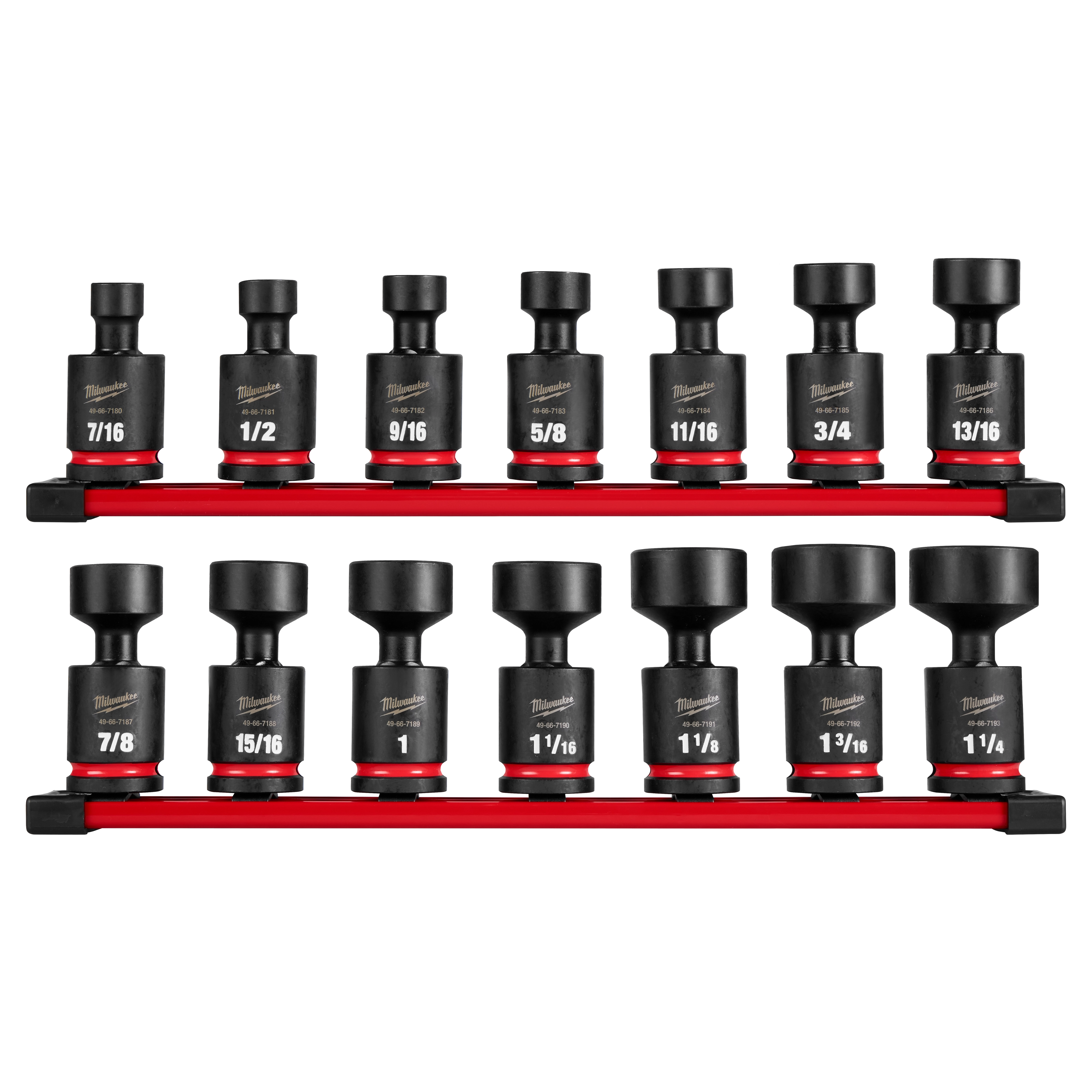 The 14PC SHOCKWAVE Impact Duty 1/2" Drive 6 Point SAE Standard Swivel Socket Set includes 14 black sockets of various sizes, each mounted on a holder rail. The sockets have measurement labels and feature a heavy-duty design intended for impact use.