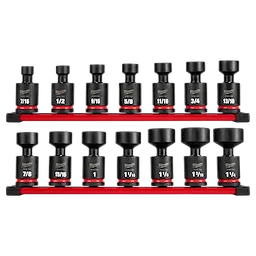 The 14PC SHOCKWAVE Impact Duty 1/2" Drive 6 Point SAE Standard Swivel Socket Set includes 14 black sockets of various sizes, each mounted on a holder rail. The sockets have measurement labels and feature a heavy-duty design intended for impact use.