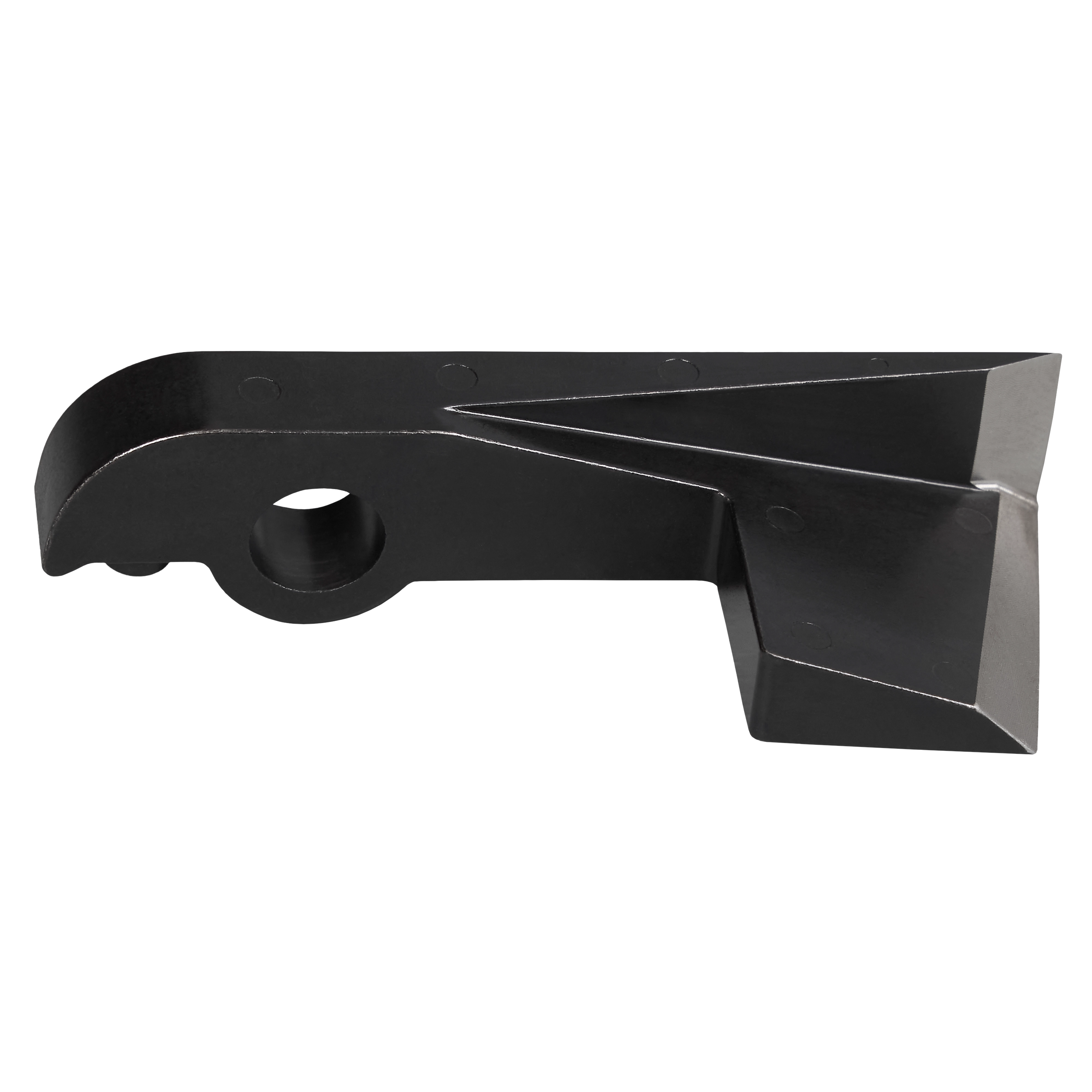 The M18 FUEL™ Covered Conductor Cable Stripper features a black, angular metal design with a hole and grooved edges for precise stripping of conductor cables. Its sturdy build ensures durability and efficient performance in professional settings.