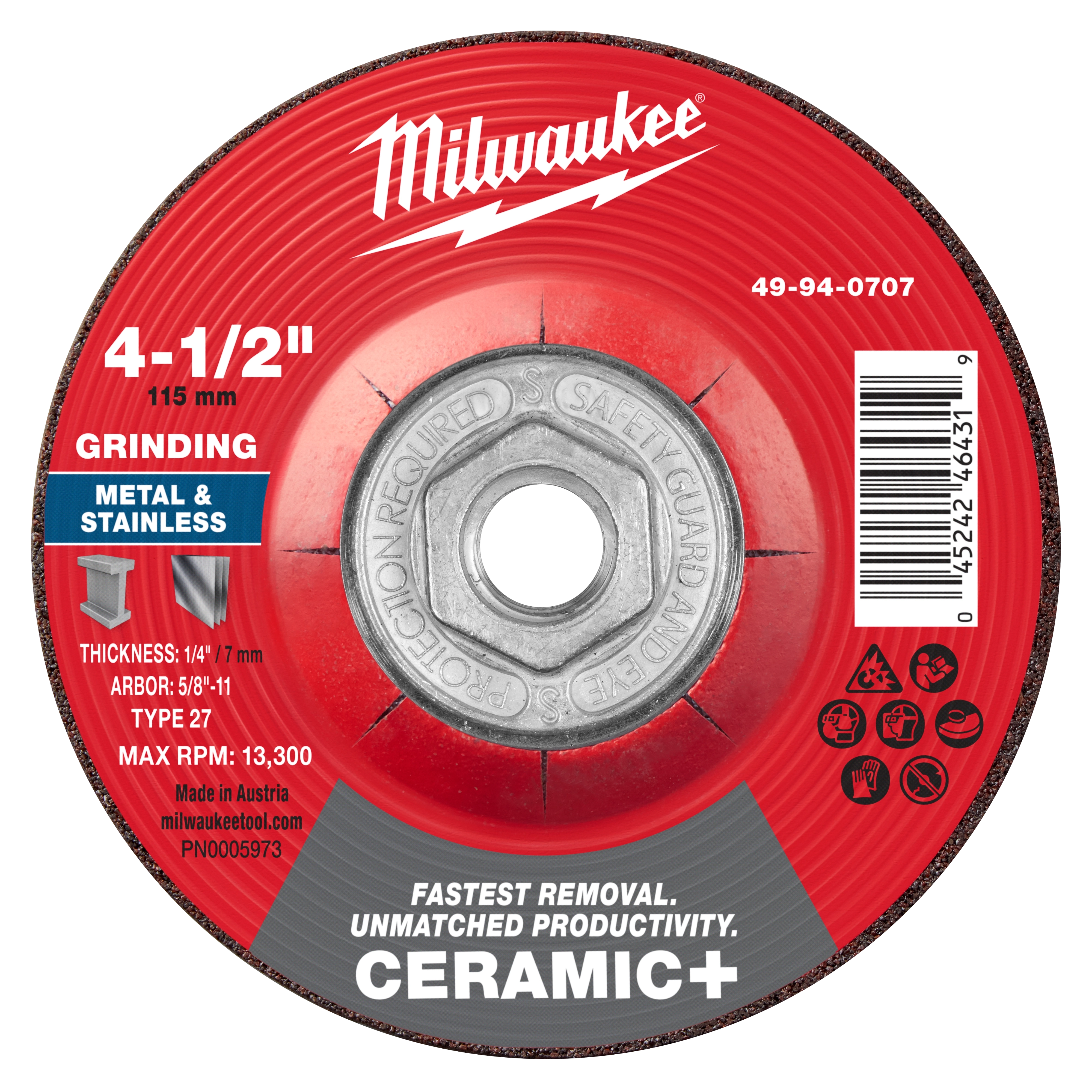 4-1/2" x 1/4" x 5/8"-11 Ceramic+ Metal Grinding Wheel - Type 27 with red label, used for grinding metal and stainless steel.