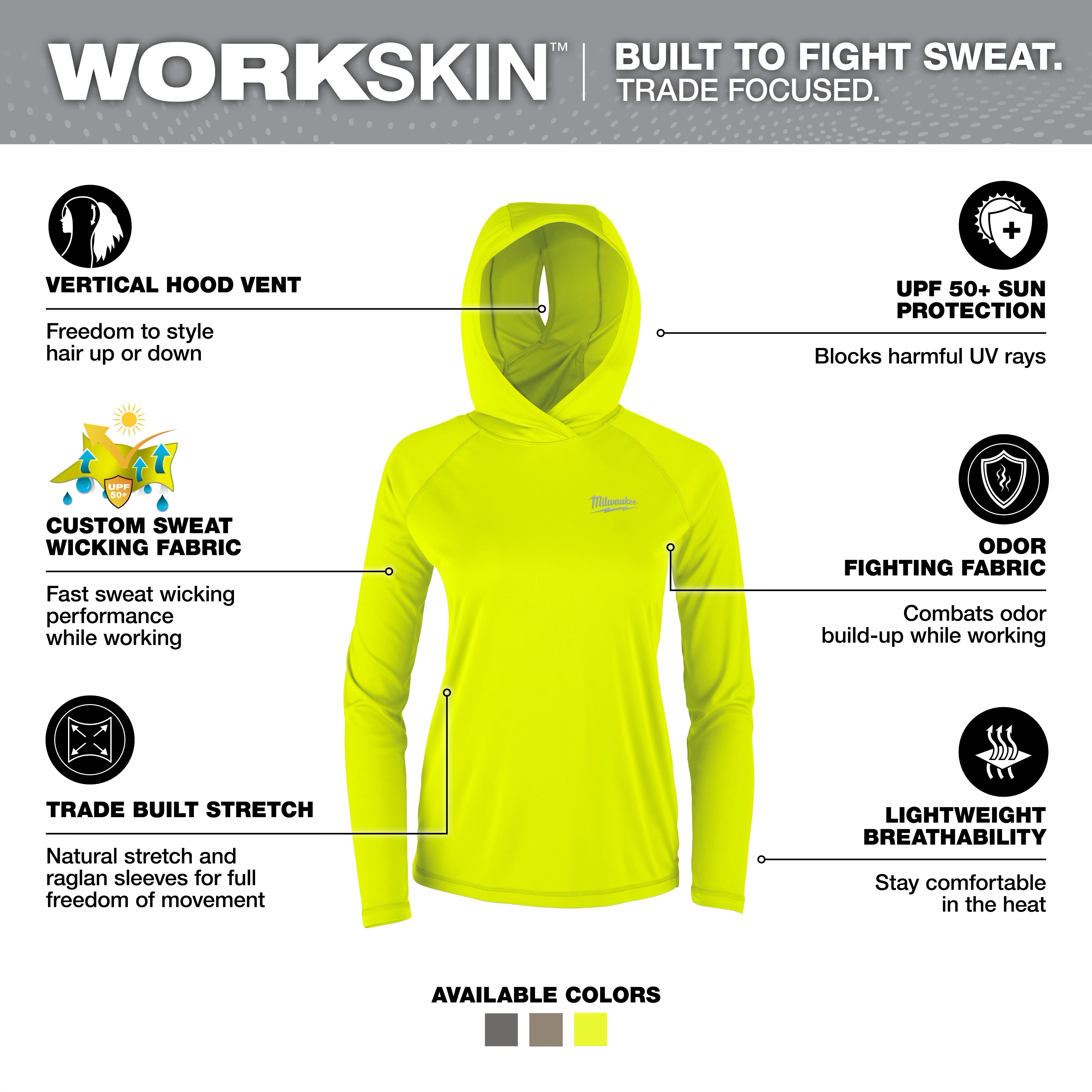 Women's WORKSKIN Hooded Sun Shirt in yellow features UPF 50+ protection, custom sweat-wicking fabric, odor-fighting, and lightweight breathability.