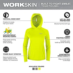 Women's WORKSKIN Hooded Sun Shirt in yellow features UPF 50+ protection, custom sweat-wicking fabric, odor-fighting, and lightweight breathability.