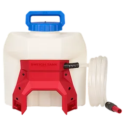 The image shows a 4-Gallon Water Supply Tank Assembly with SWITCH TANK™. It features a white tank with a blue handle and cap, a red mounting bracket labeled "SWITCH TANK," and a clear hose attached. The tank appears designed for use in liquid supply applications.