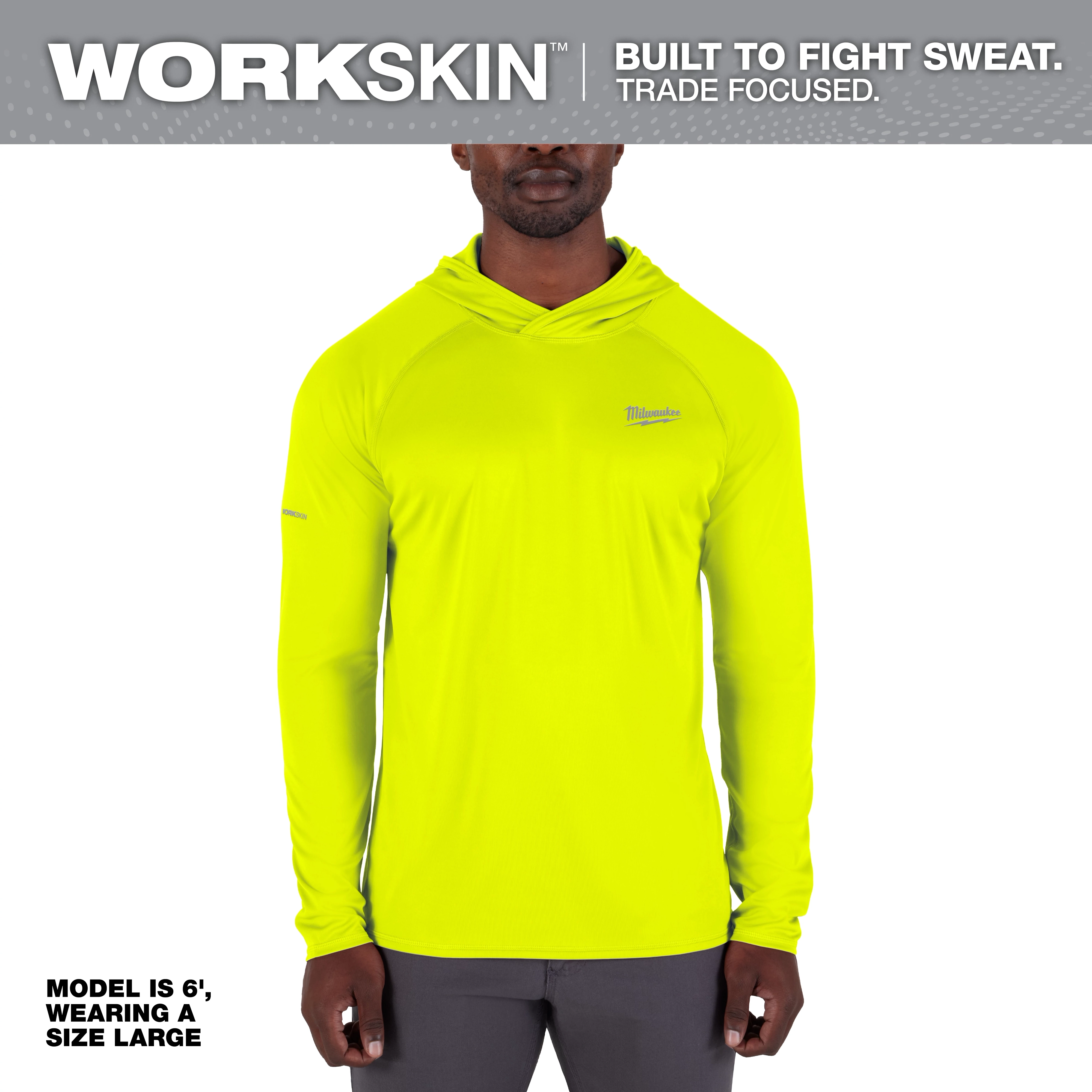 WORKSKIN Hooded Sun Shirt - Yellow, shown on a male model who is 6' tall and wearing a size large. The shirt is designed for sweat management and trade-focused activities, featuring long sleeves and a hood.