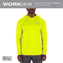 WORKSKIN Hooded Sun Shirt - Yellow, shown on a male model who is 6' tall and wearing a size large. The shirt is designed for sweat management and trade-focused activities, featuring long sleeves and a hood.
