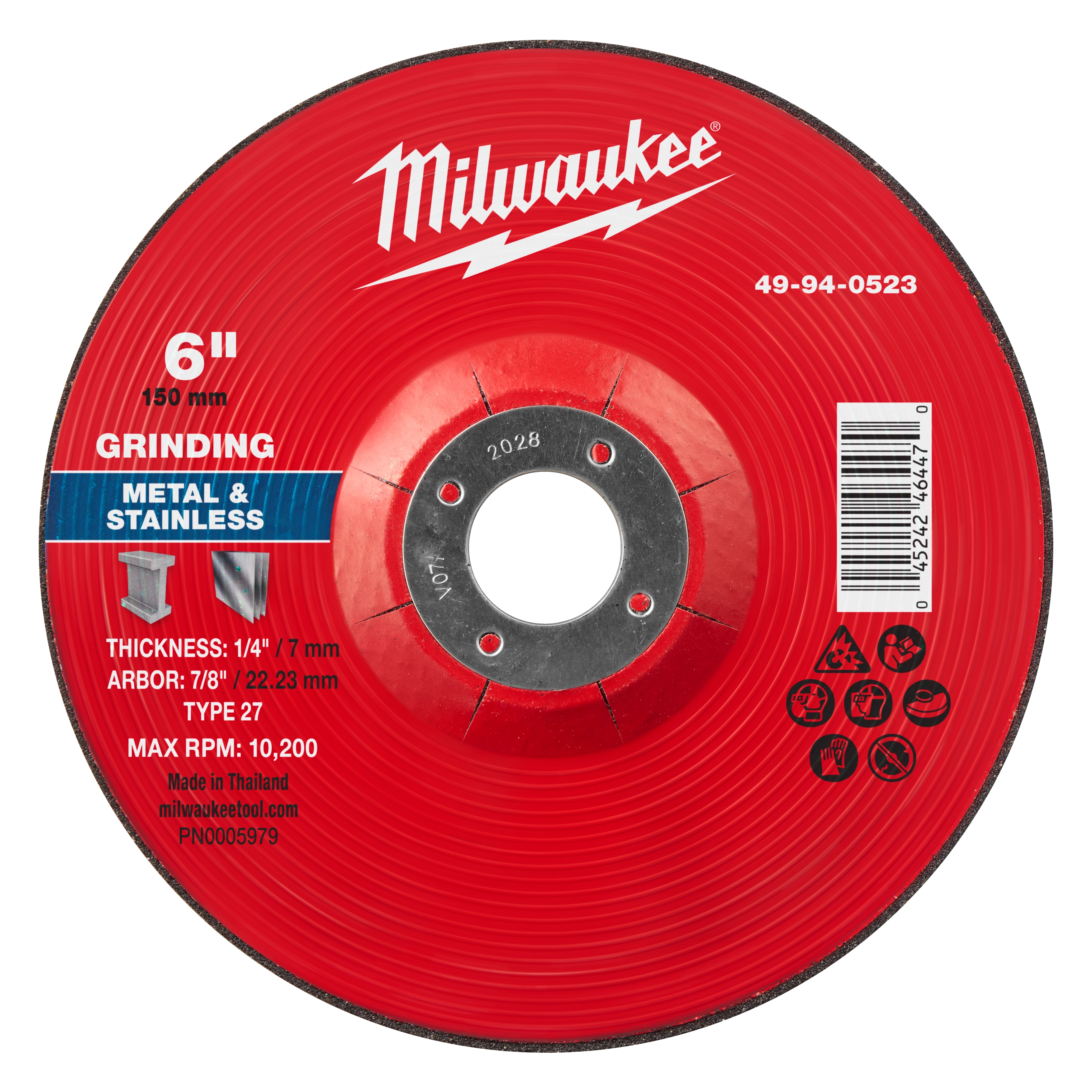 6" x 1/4" x 7/8" Metal Grinding Wheel, Type 27, red with text details including thickness, arbor size, max RPM, and material suitability.