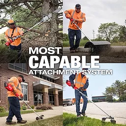 Workers using M18 FUEL Power Head w/ QUIK-LOK tools, including String Trimmer, Pole Saw, and Blower Combo Kit outdoors.