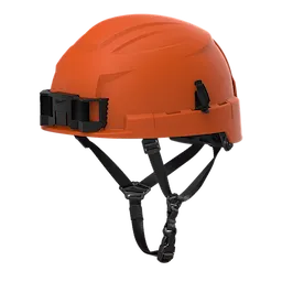 BOLT™ Safety Orange Safety Helmet with 4-point ratcheting suspension, Type 2, Class E. An adjustable, bright orange helmet featuring chin straps for secure fit and top and side impact protection. Suitable for electrical environments and heavy-duty safety requirements.