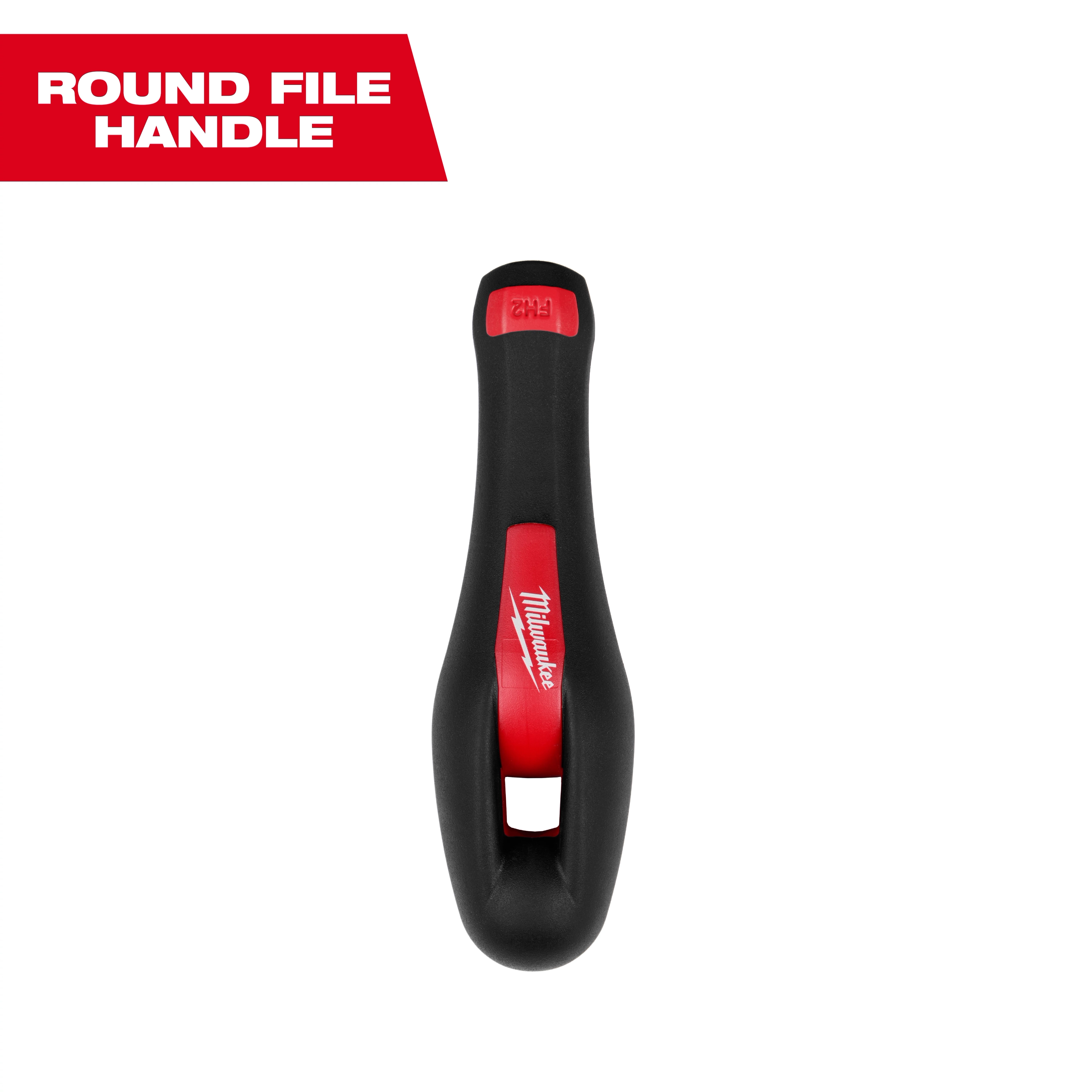 Black and red Round File Handle with ergonomic design and branding, suitable for attaching to round files for better grip and control during use.