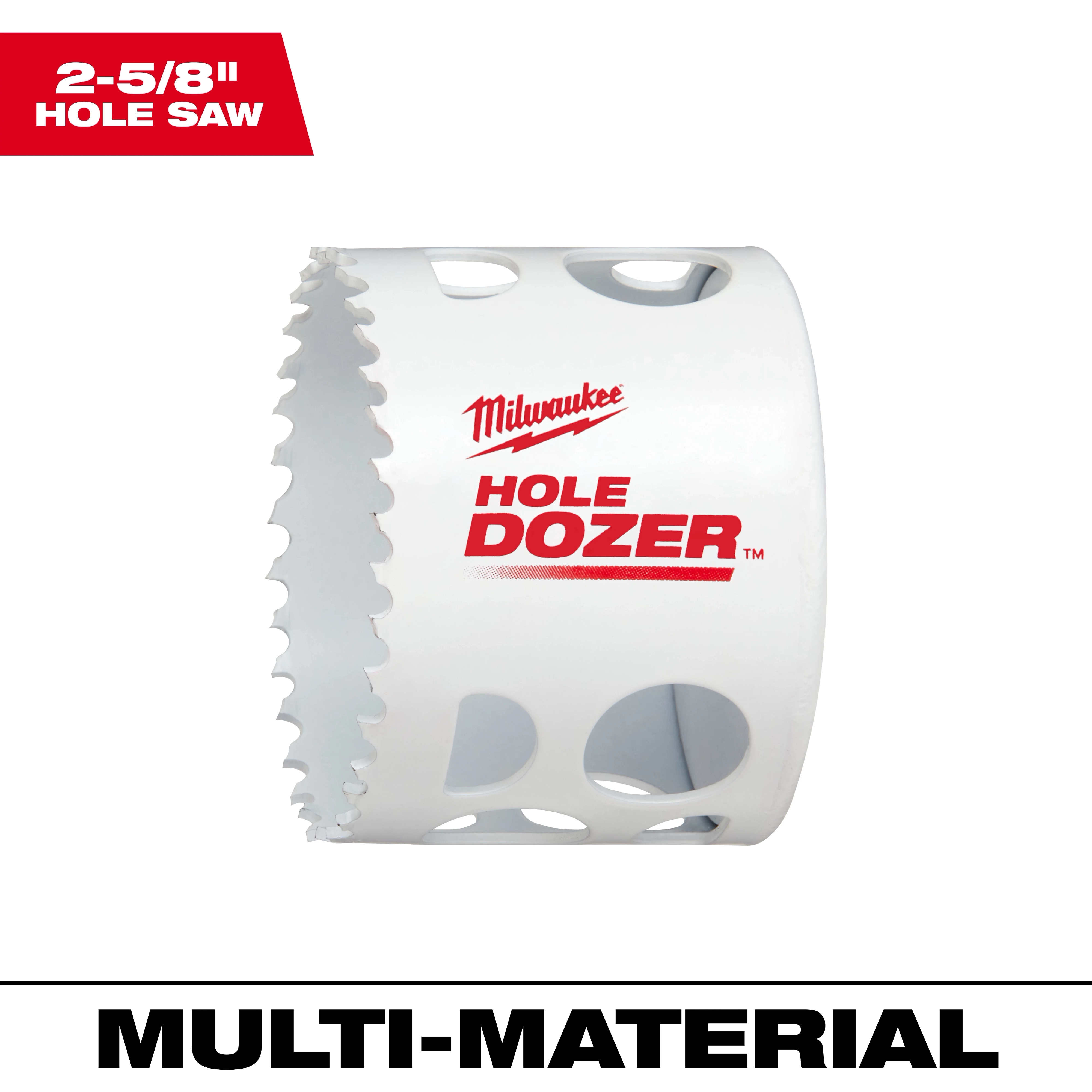 2-5/8" Hole Dozer Bi-Metal Hole Saw with white body, red logo, and text, suitable for multi-material cutting tasks.
