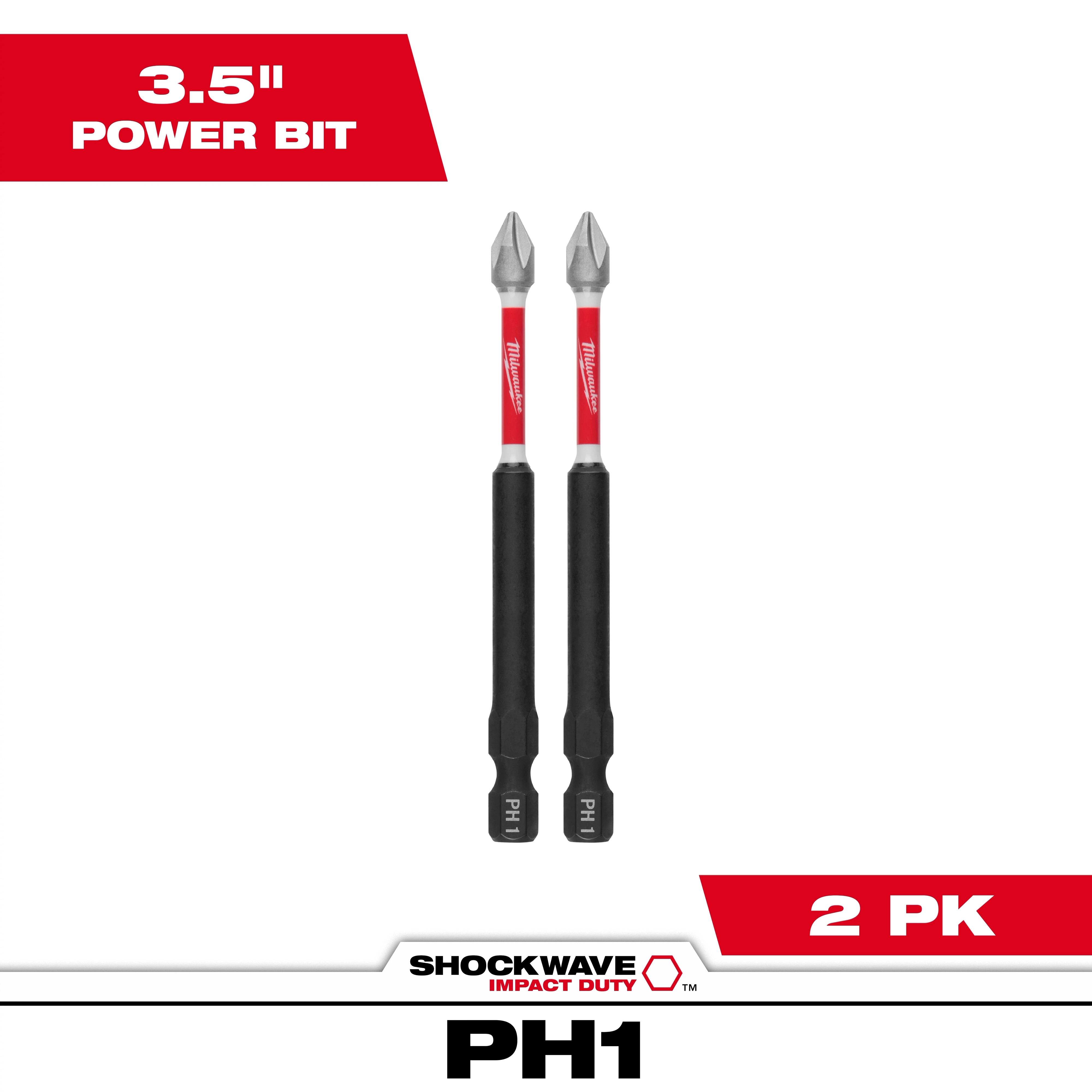 The image shows two SHOCKWAVE™ Impact Duty 3-1/2" PH1 Bits. They are highlighted as a 2-pack and are 3.5 inches long, intended for power drills. The bits are black and red and designed for impact duty applications.