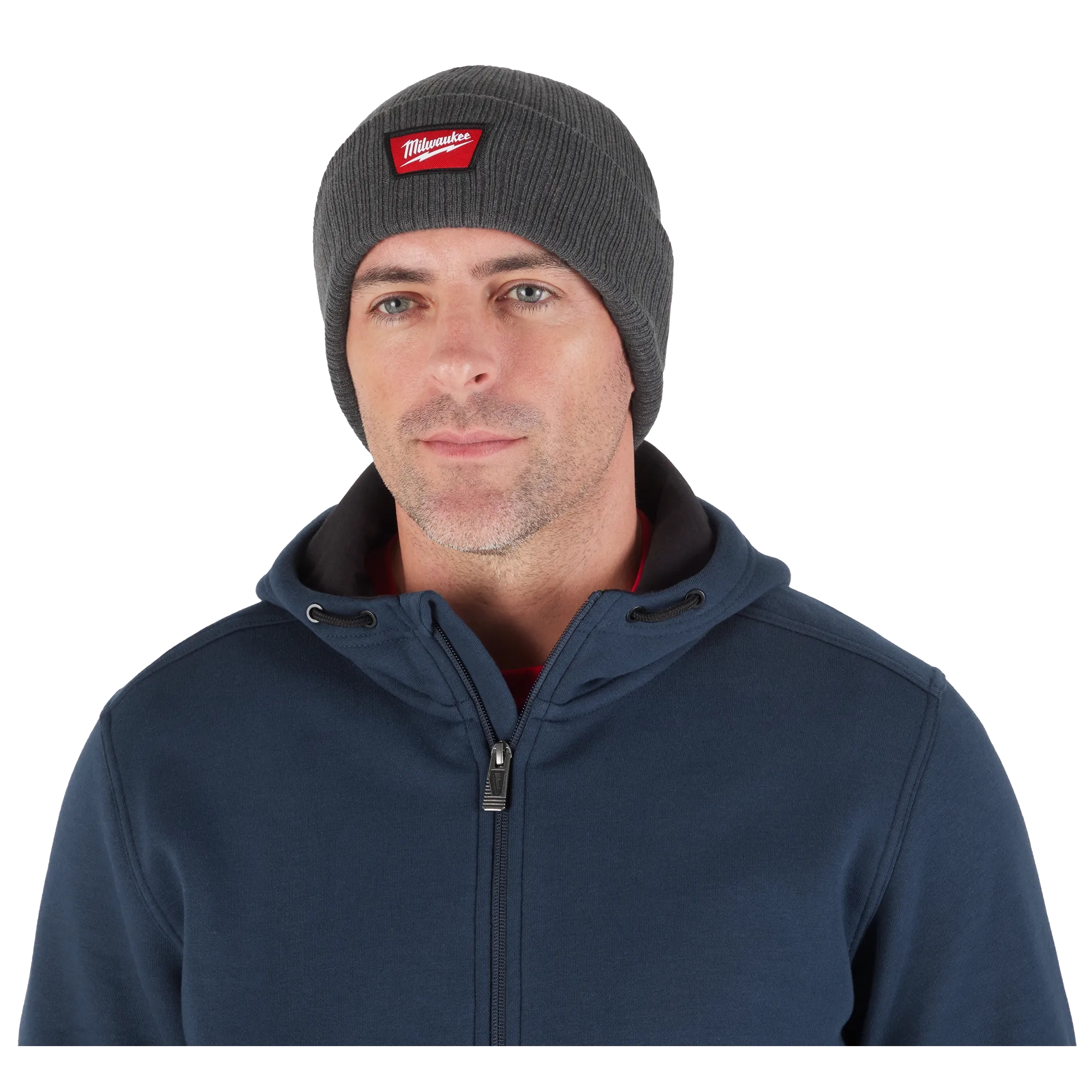 Image of a man wearing the Milwaukee Rib-Knit Cuffed Beanie in gray