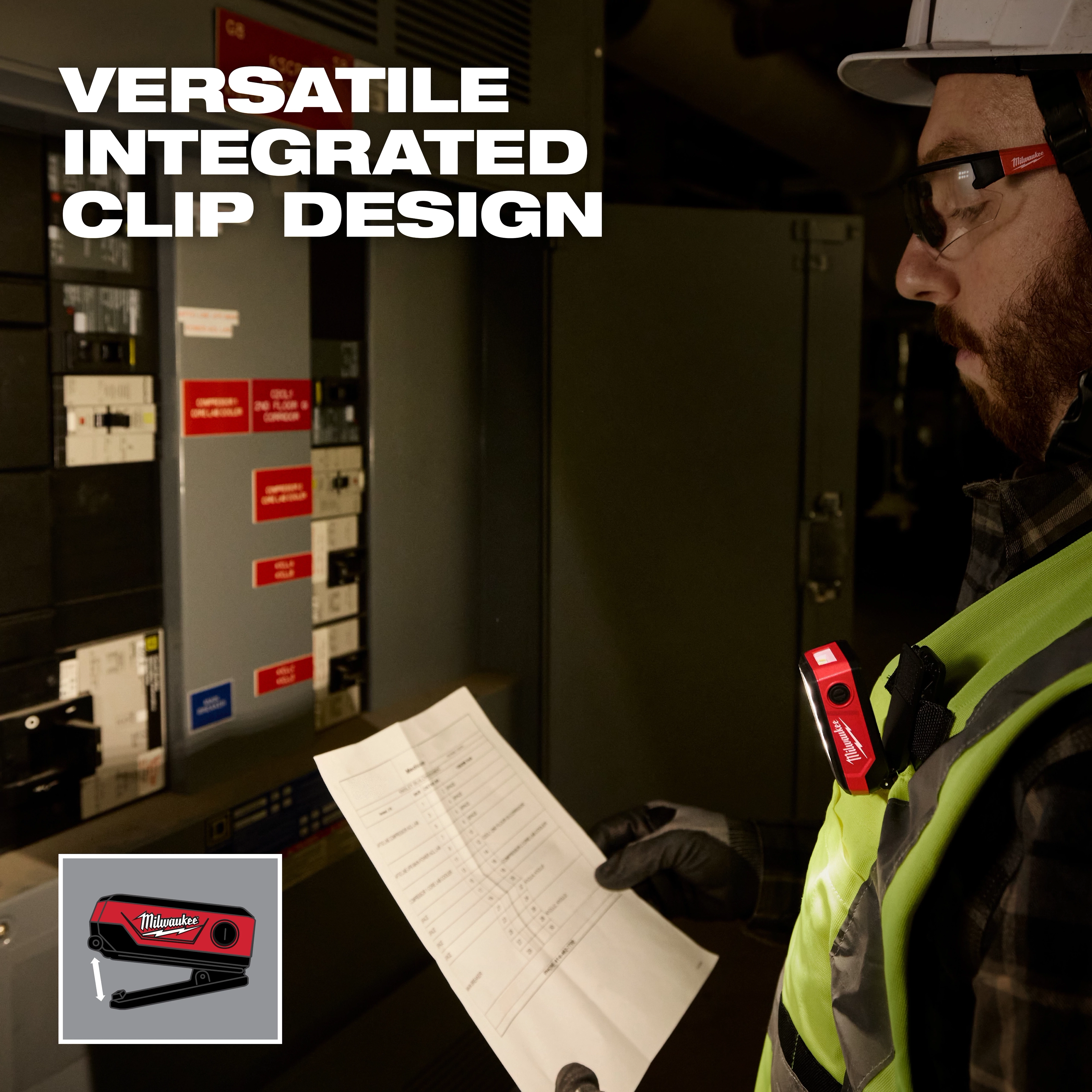 Worker wearing a vest uses a Milwaukee laser level clipped to their chest while reading a document.