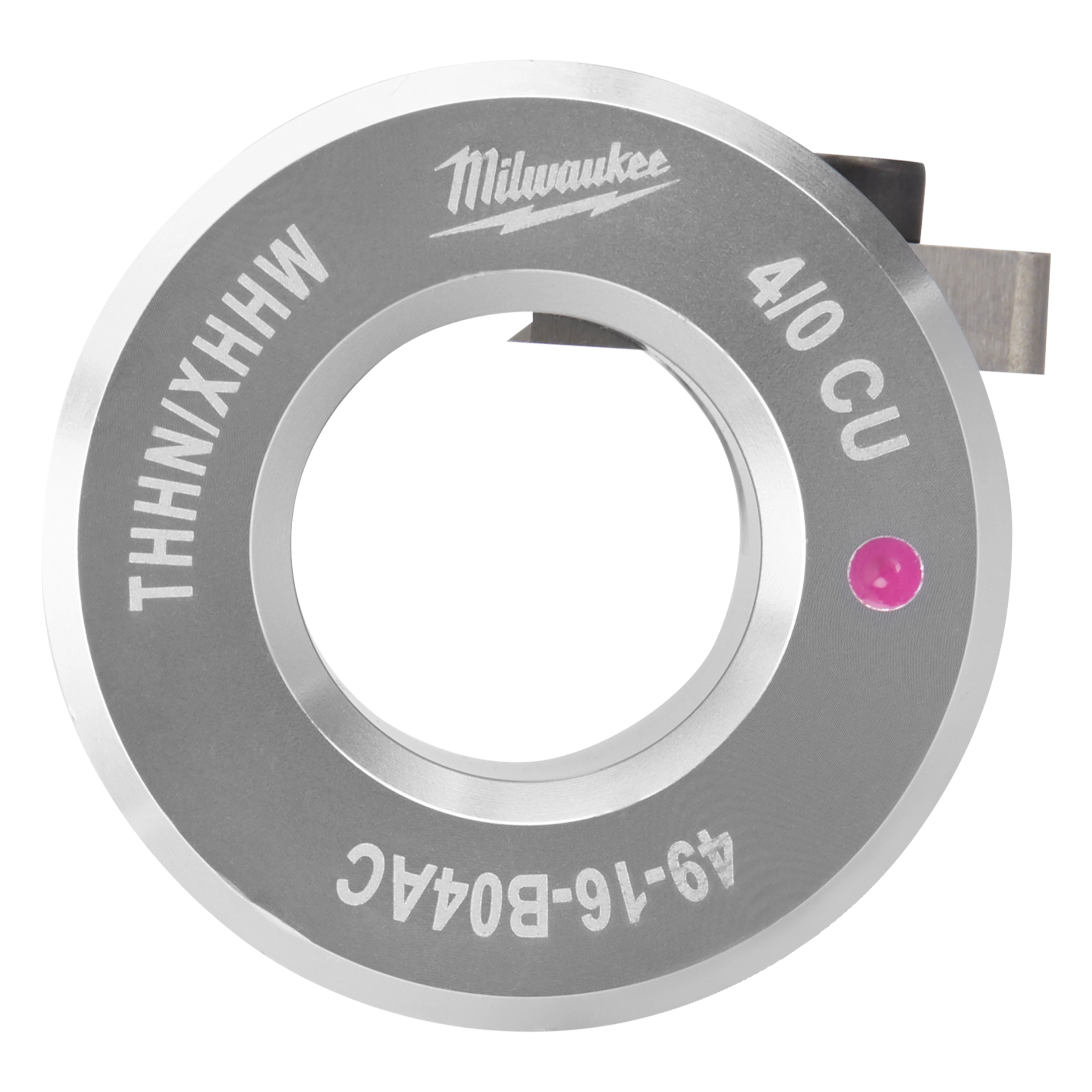 Milwaukee 49-16-BO4AC THHN/XHHW 410 CU die with a circular silver design and labeled numbers and letters.