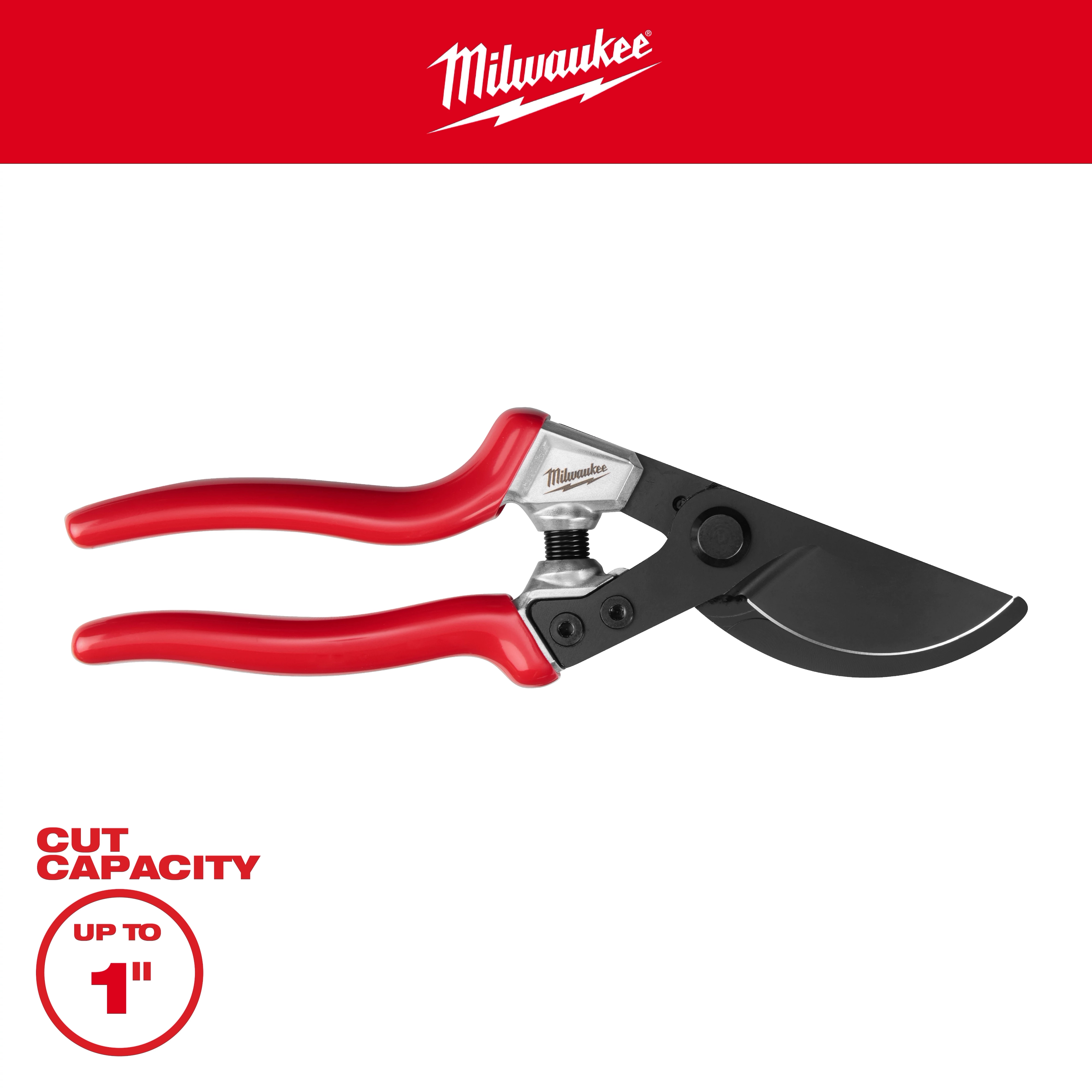 1” Angled Pruner with red handles and black cutting blade on a white background.