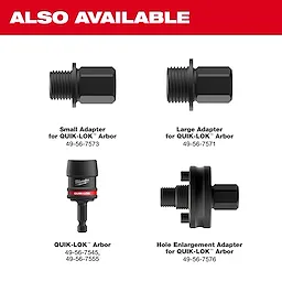 Four adapter options for QUIK-LOK™ Arbors are displayed, including the small adapter, large adapter, QUIK-LOK™ Arbor, and hole enlargement adapter, each with its respective model number. Product name: 5PK Large Thread Adapters for QUIK-LOK™ Arbors. A red banner at the top reads "ALSO AVAILABLE."