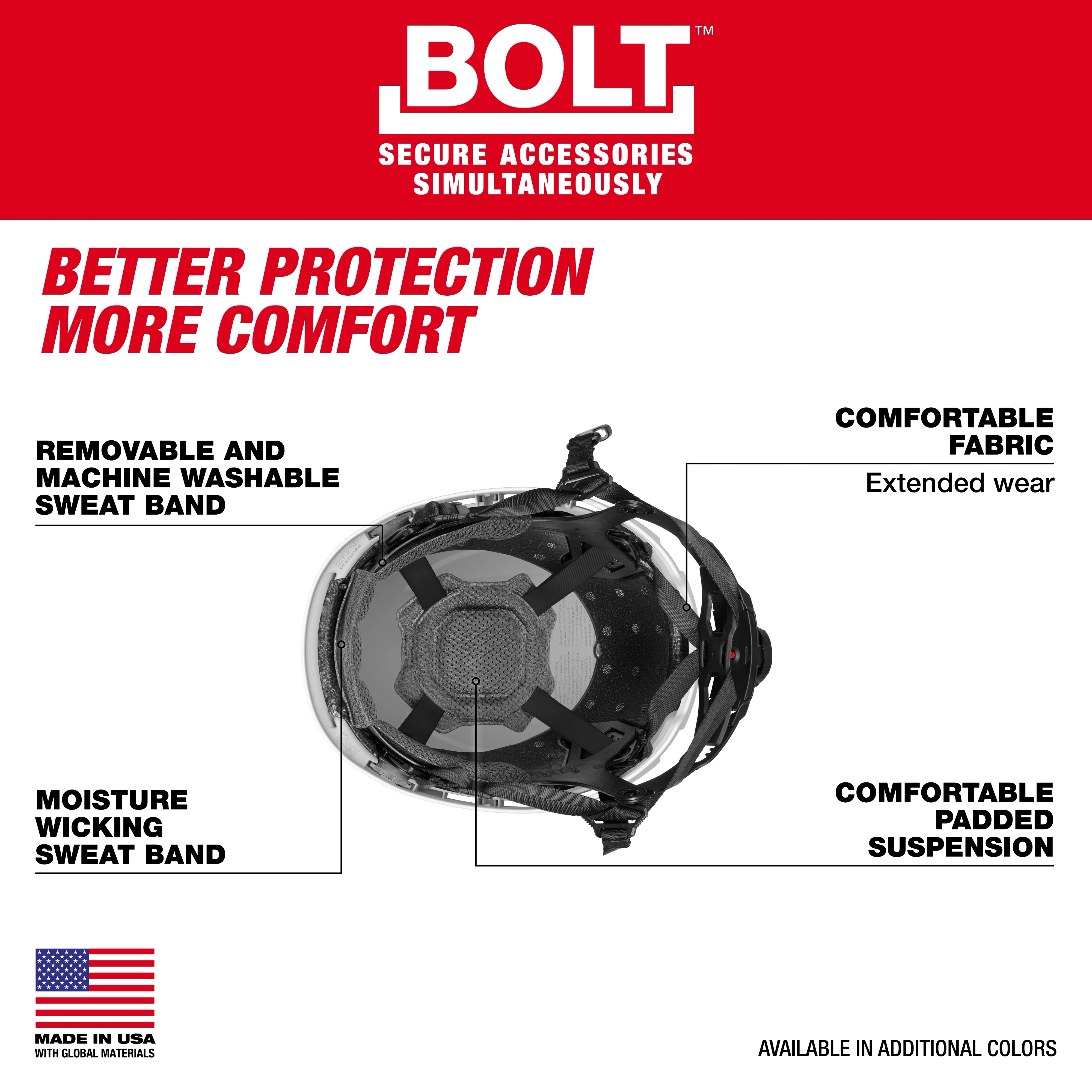 BOLT 4PT Safety Helmet - Type 2, Class E features a washable sweatband, moisture-wicking band, comfortable fabric, and padded suspension.