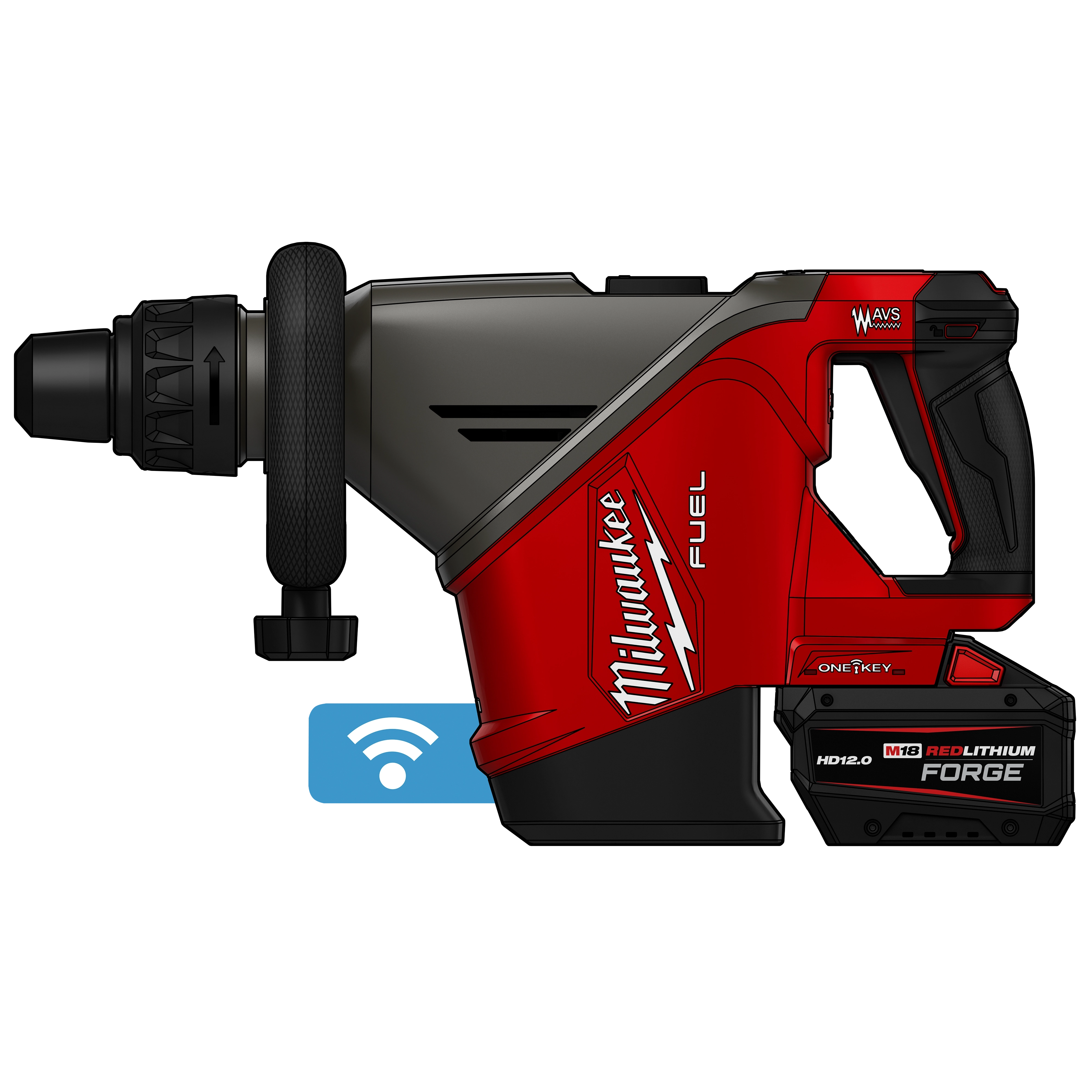 M18 FUEL 18 lb SDS MAX Demolition Hammer Kit side view with handle, battery pack, and wireless icon underneath.