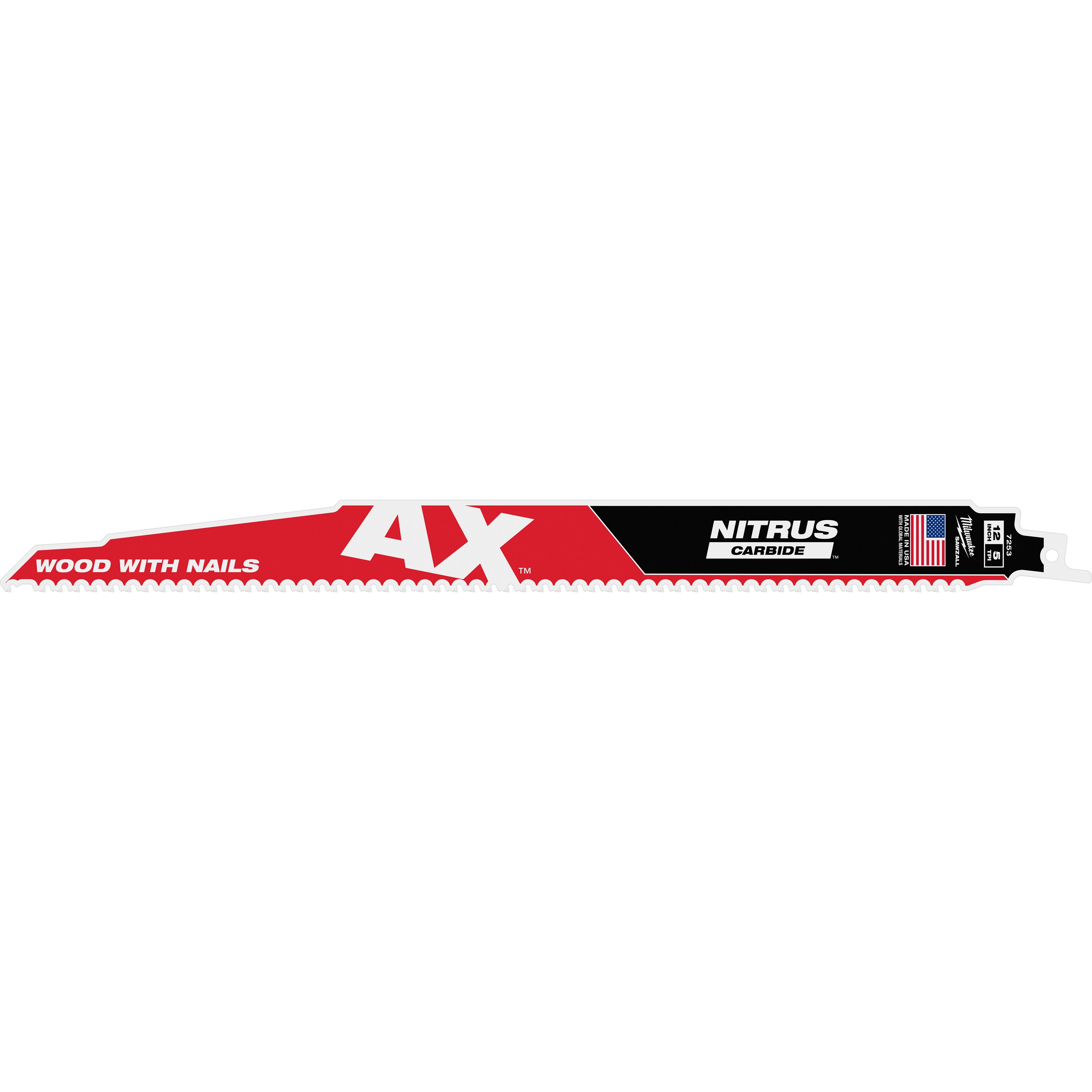 The 12" 5 TPI AX™ w/NITRUS™ Carbide Teeth SAWZALL® Blade for Wood with Nails features a red and black design. It has sharp, durable carbide teeth suitable for cutting wood with embedded nails and an American flag symbol.