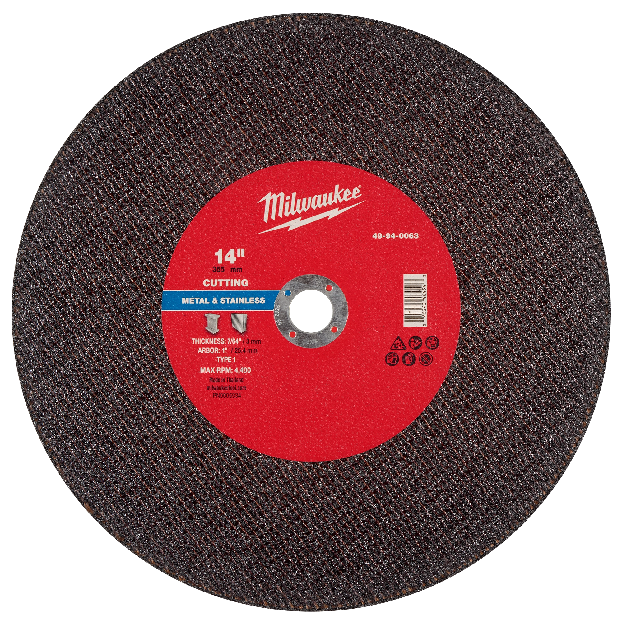 14" x 7/64" x 1" metal cut-off wheel with a red label for cutting metal and stainless steel, max RPM 4,400.