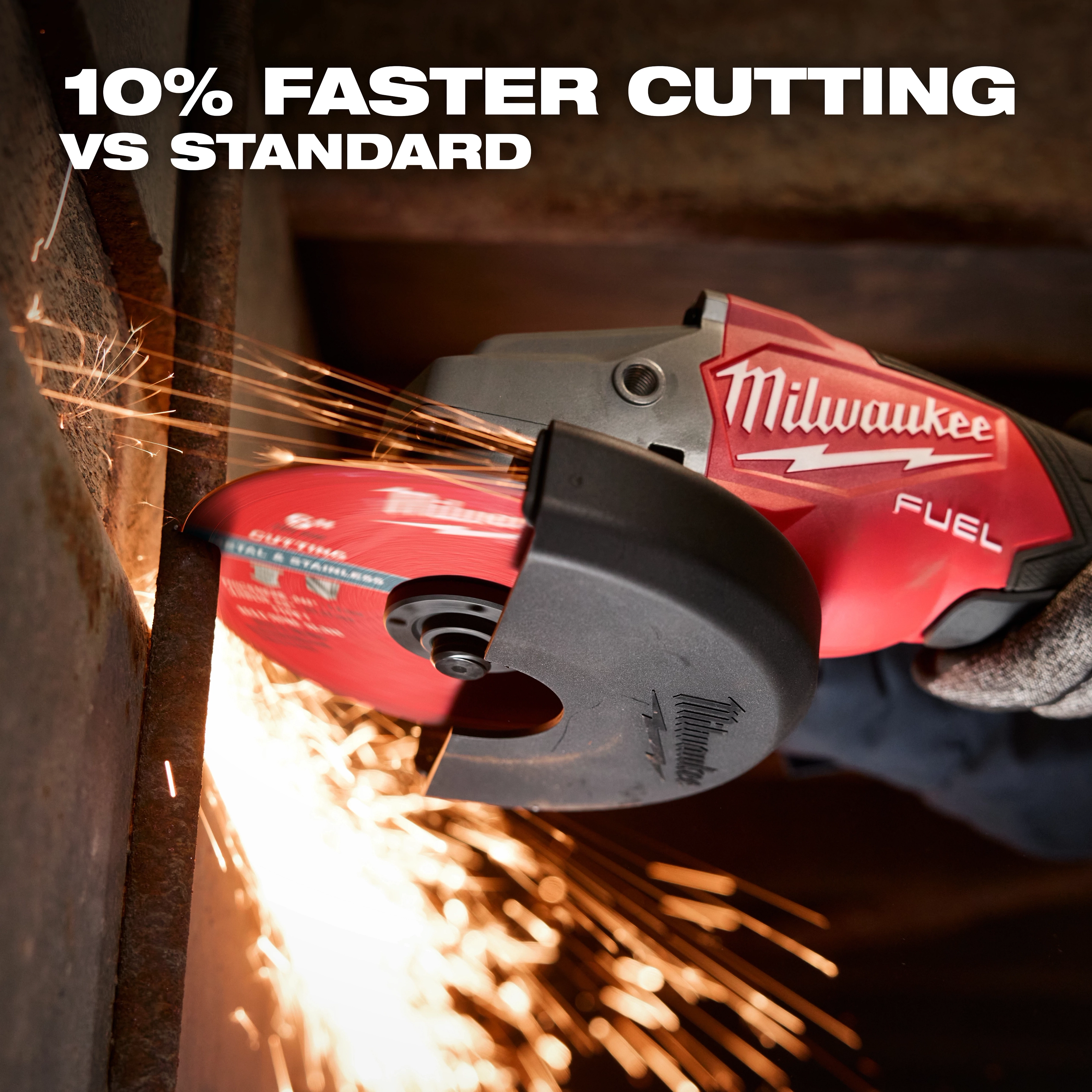 Power tool cutting metal with sparks. Text reads "10% Faster Cutting vs Standard." Tool uses Bonded Abrasives Cutting disc.
