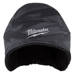 Milwaukee Sherpa-Lined Beanie in dark grey with a camouflage pattern. The interior is lined with black sherpa fleece.