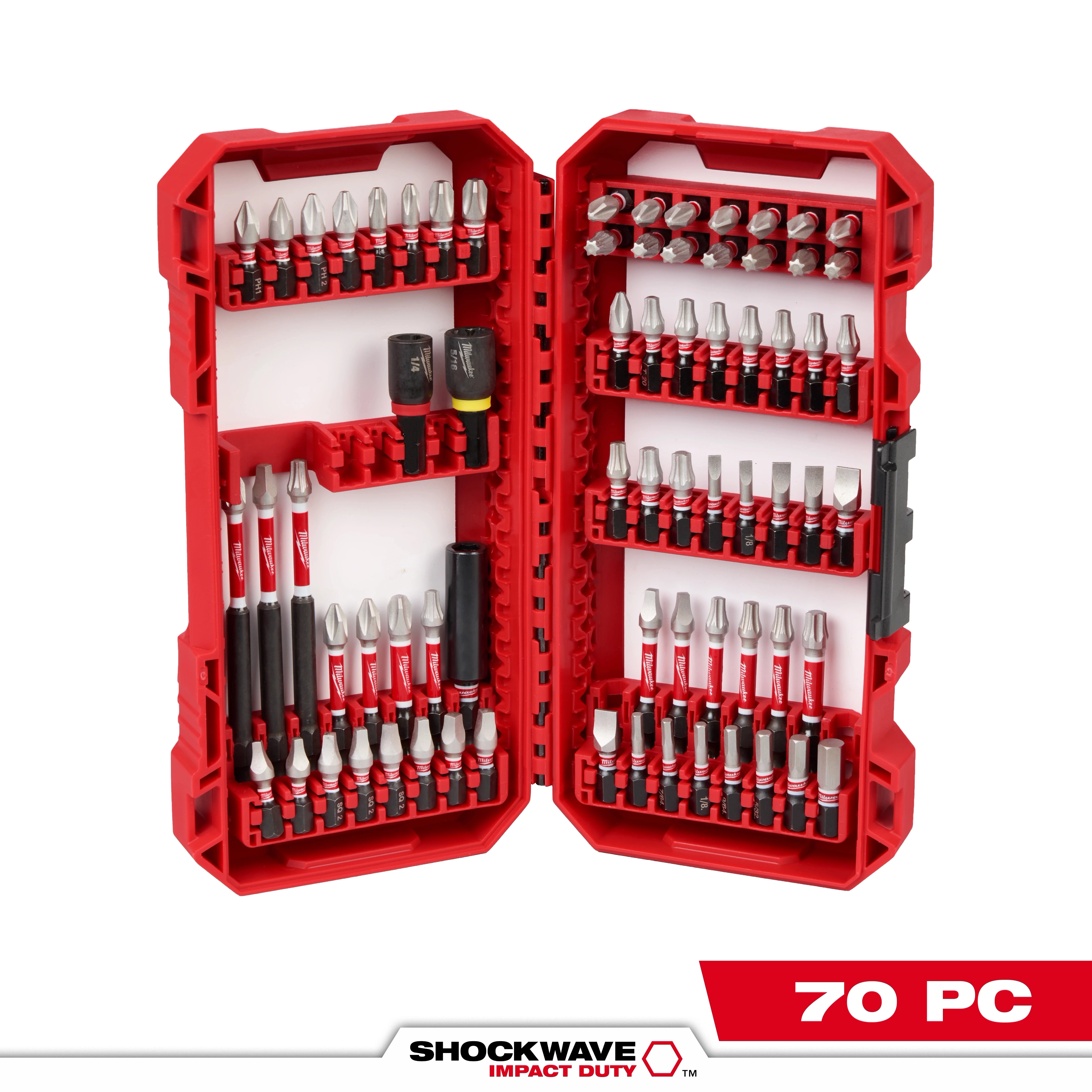 The image shows the SHOCKWAVE™ Impact Duty Driver Bit PACKOUT™ Kit – 70PC. The kit is open, displaying various driver bits arranged neatly inside a red case. The SHOCKWAVE™ logo and "70 PC" are prominently visible at the bottom of the image.