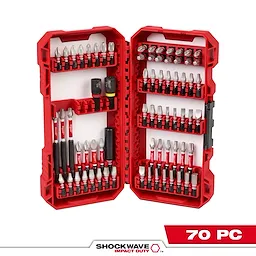 The image shows the SHOCKWAVE™ Impact Duty Driver Bit PACKOUT™ Kit – 70PC. The kit is open, displaying various driver bits arranged neatly inside a red case. The SHOCKWAVE™ logo and "70 PC" are prominently visible at the bottom of the image.