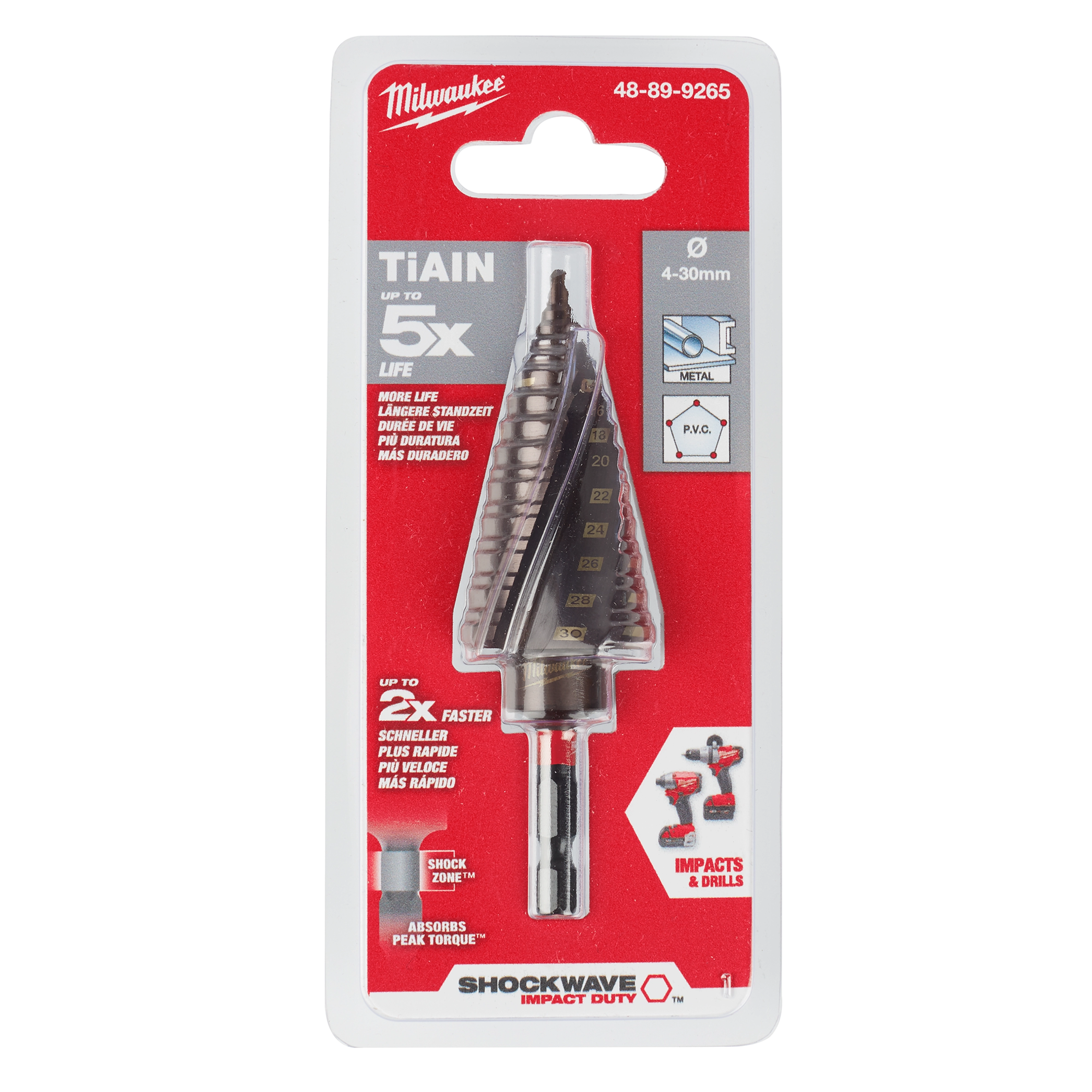 SHOCKWAVE Impact Duty Metric Step Bit 4-30mm in packaging with features including TiAIN coating, 5X longer life, and compatibility with impacts and drills.