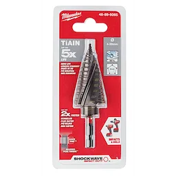 SHOCKWAVE Impact Duty Metric Step Bit 4-30mm in packaging with features including TiAIN coating, 5X longer life, and compatibility with impacts and drills.