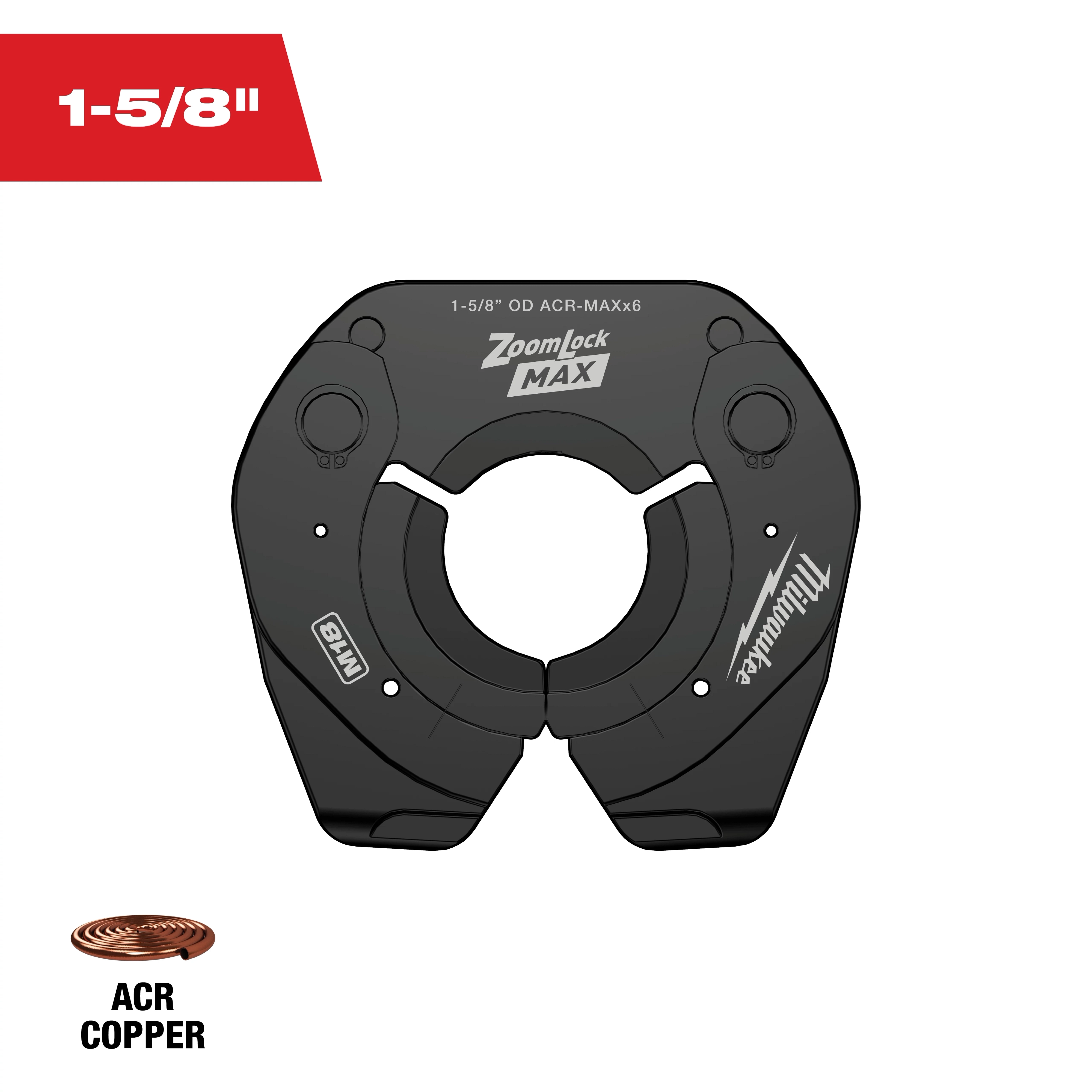 The product is a 1-5/8" ZoomLock MAX® Pivoting Press Ring, designed for ACR copper connections. It is black and has openings for pressing tools, featuring labels and essential specifications.