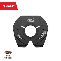 The product is a 1-5/8" ZoomLock MAX® Pivoting Press Ring, designed for ACR copper connections. It is black and has openings for pressing tools, featuring labels and essential specifications.