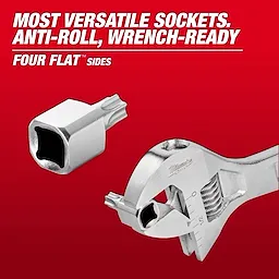 The Low Profile TORX Bit Socket features four flat sides for anti-roll and wrench-ready use. It includes "MOST VERSATILE SOCKETS" text.