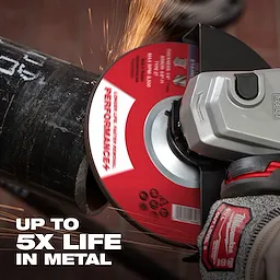 Bonded Abrasives Grinding disc in use, grinding a metal pipe, with sparks flying. Text on image reads "UP TO 5X LIFE IN METAL".