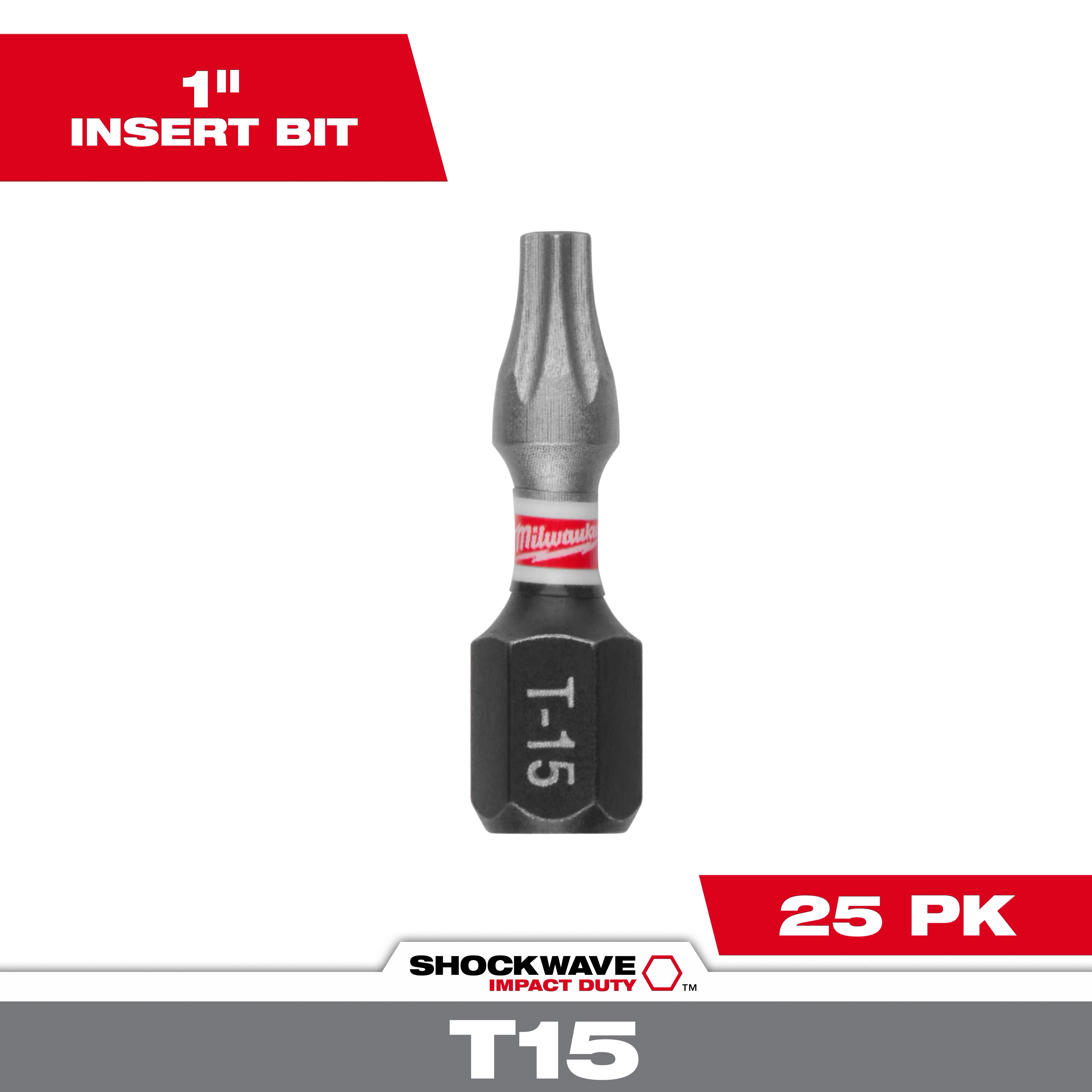 This image shows a SHOCKWAVE™ Impact Duty 1-inch TORX® T15 insert bit. The product is displayed individually, labeled T-15, and comes in a bulk pack of 25. The packaging highlights its durability and impact resistance.
