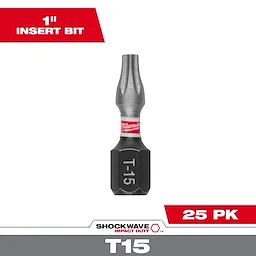 This image shows a SHOCKWAVE™ Impact Duty 1-inch TORX® T15 insert bit. The product is displayed individually, labeled T-15, and comes in a bulk pack of 25. The packaging highlights its durability and impact resistance.