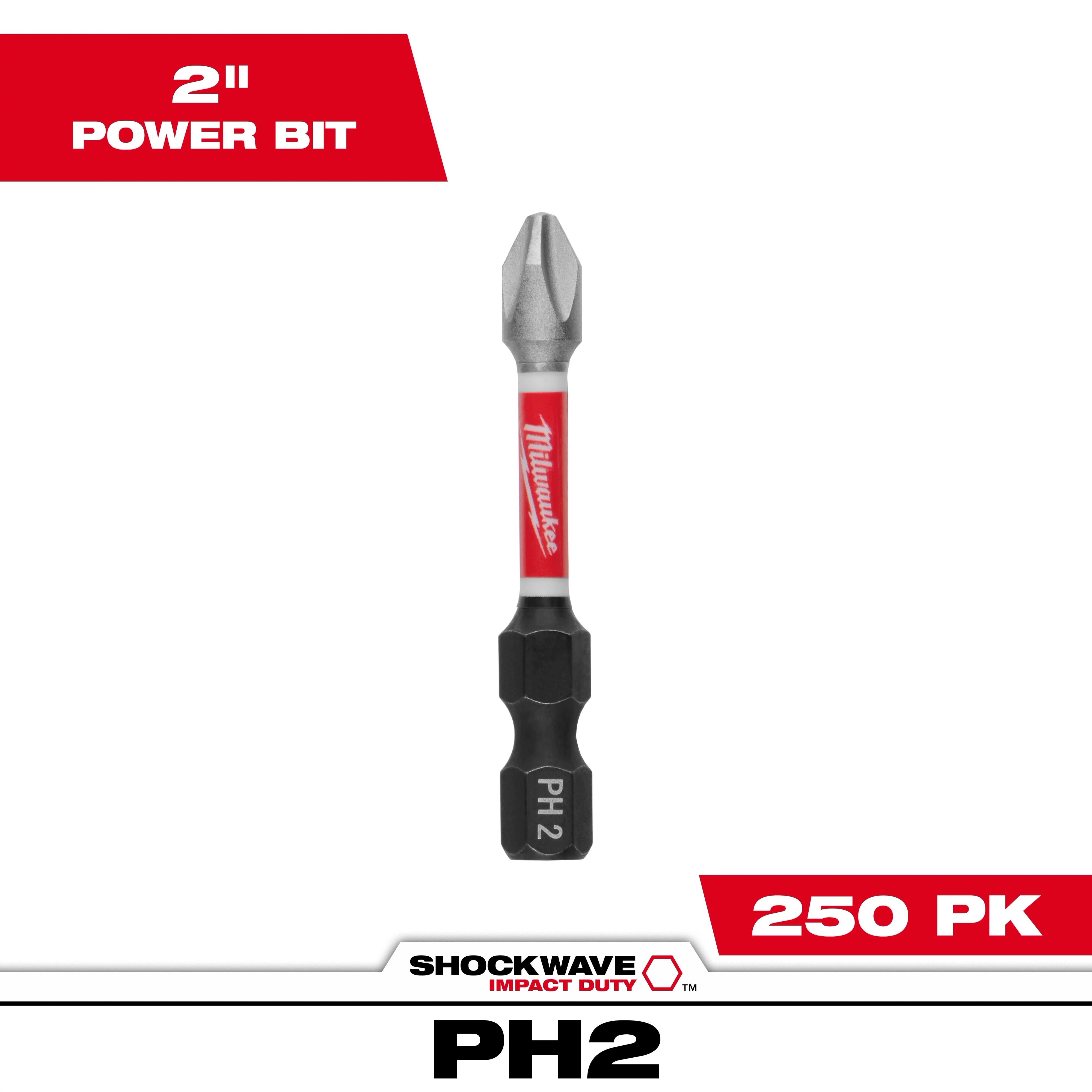 The image shows a SHOCKWAVE™ 2" Power Bit PHILLIPS #2, with a red and black design. It is part of a bulk pack of 250 pieces, as indicated in white text on a red background.