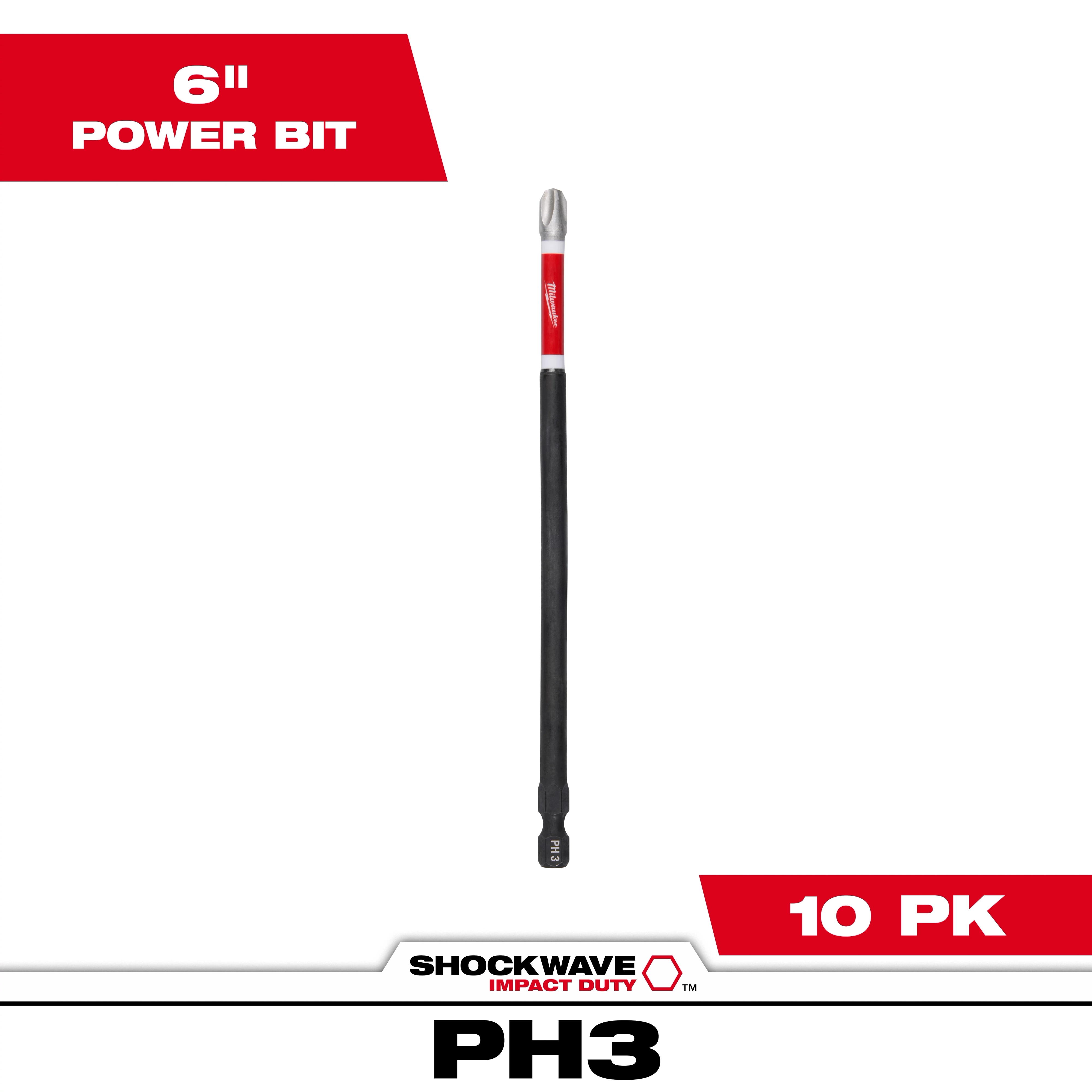 The image displays a SHOCKWAVE™ 6" Impact Duty Phillips #3 Power Bit from a 10-pack. The bit is long, with a red and black design, suitable for impact duty applications. It is labeled PH3 at the base and is designed for durability and precise performance.