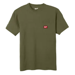 Heavy Duty Pocket T-Shirt - Green, featuring a chest pocket with a red logo patch and a crew neckline.