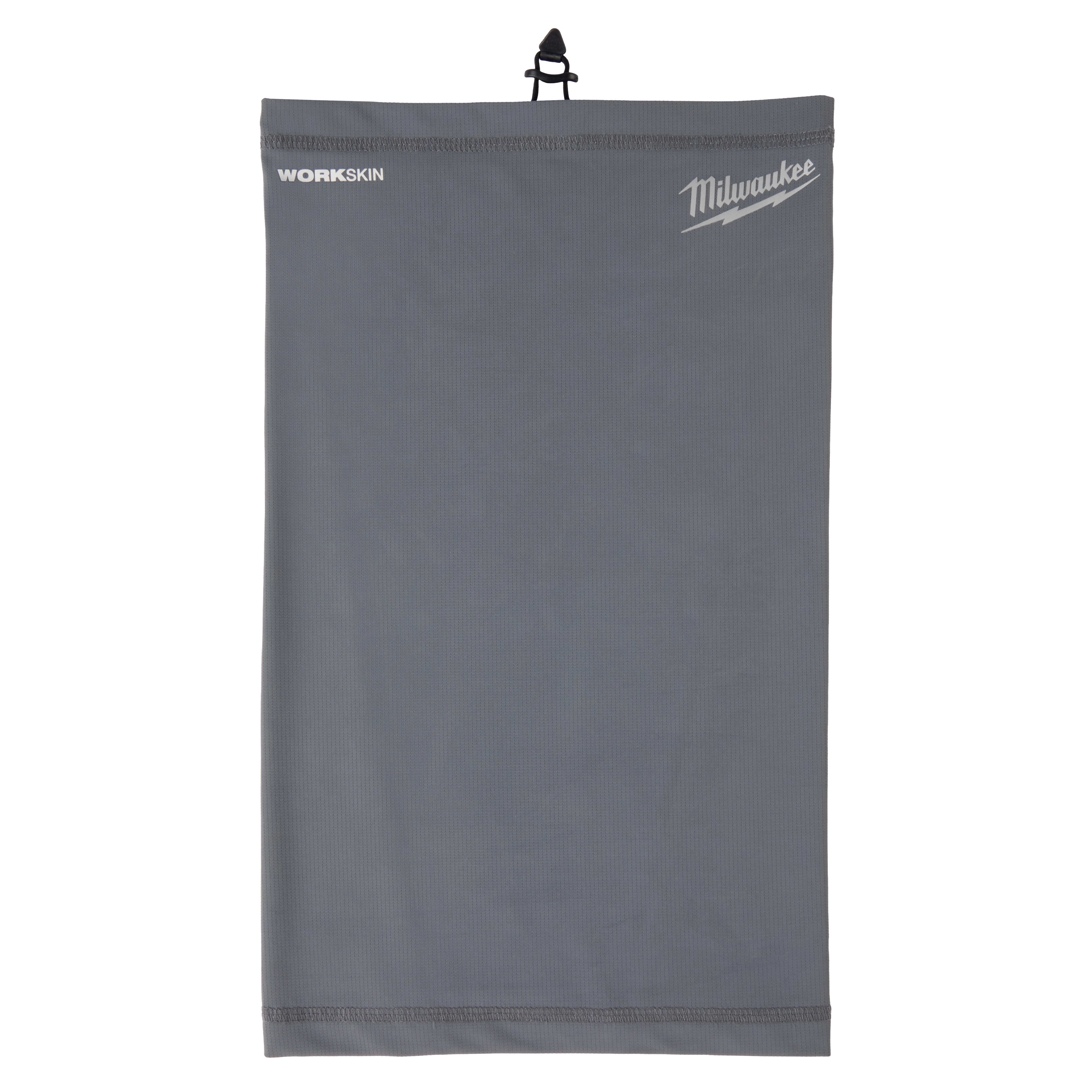 Gray WORKSKIN Performance Neck Gaiter with a small Milwaukee logo near the top, designed for outdoor and worksite use.