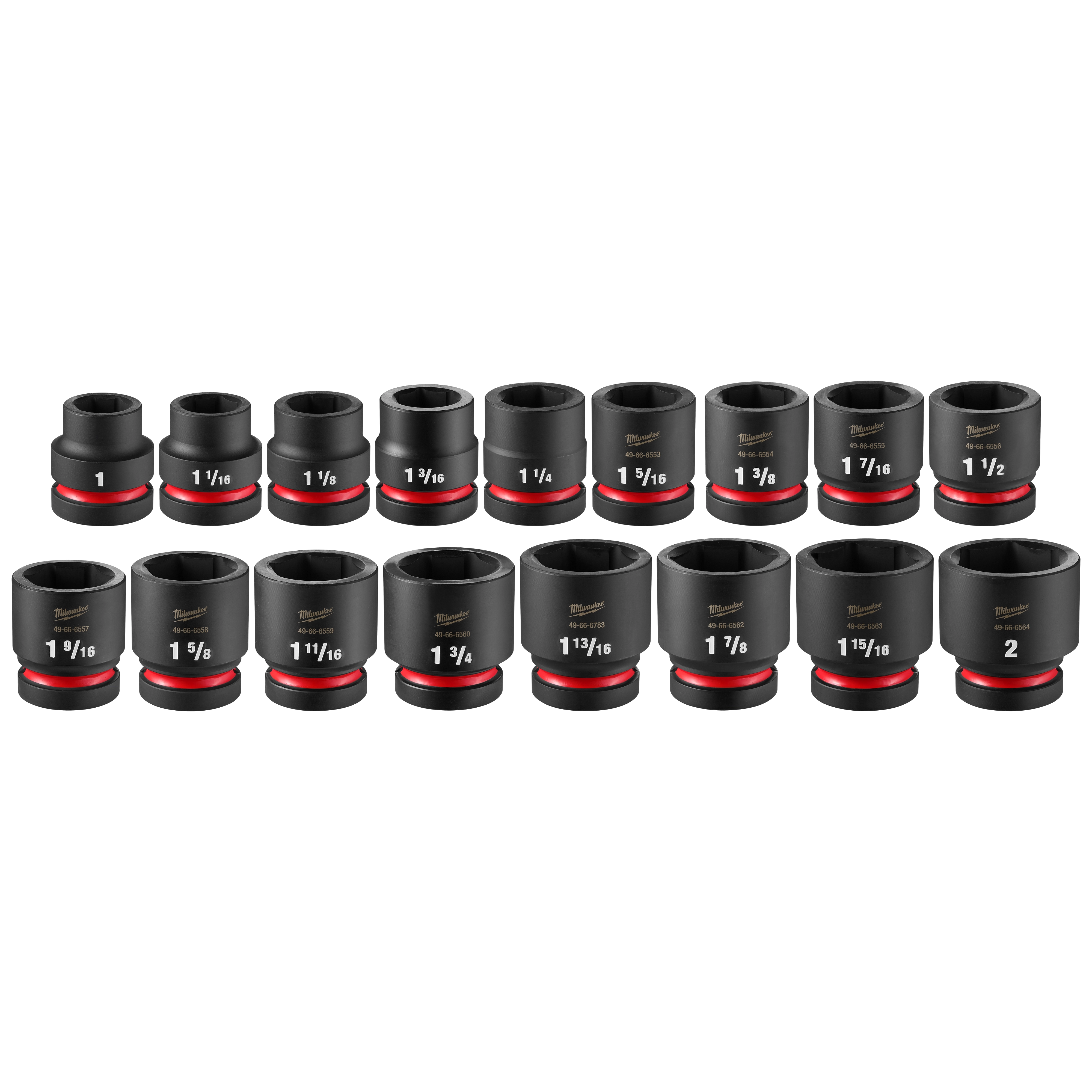 17PC SHOCKWAVE Impact Duty 1" Drive SAE Standard Socket Set with PACKOUT shown in various sizes, featuring black and red design.