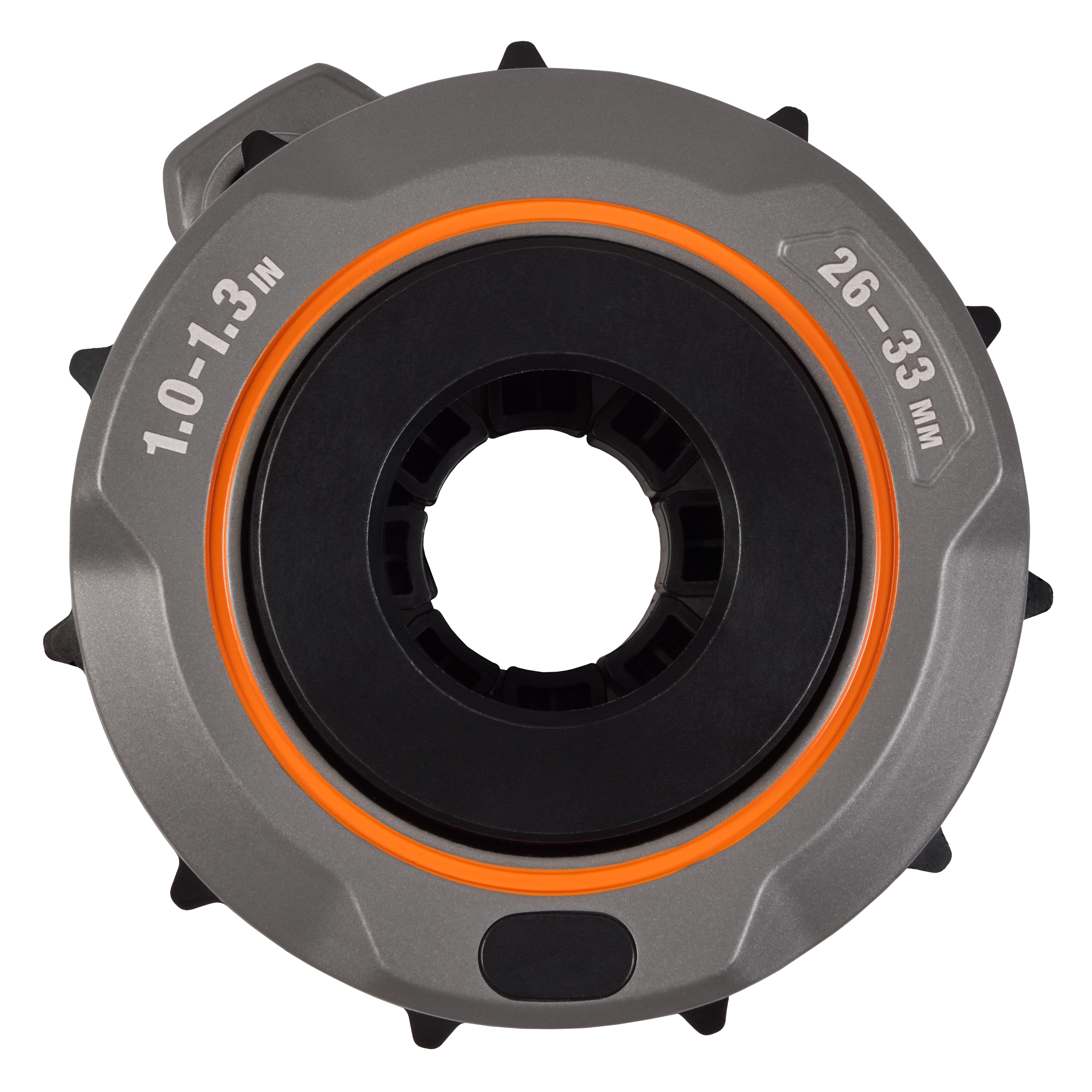 The image shows a 1" - 1.3" Adjustable Bushing for the M18 FUEL™ Covered Conductor Cable Stripper. It is primarily gray and black with an orange ring, and is marked with measurement labels indicating cable size ranges in both inches and millimeters.