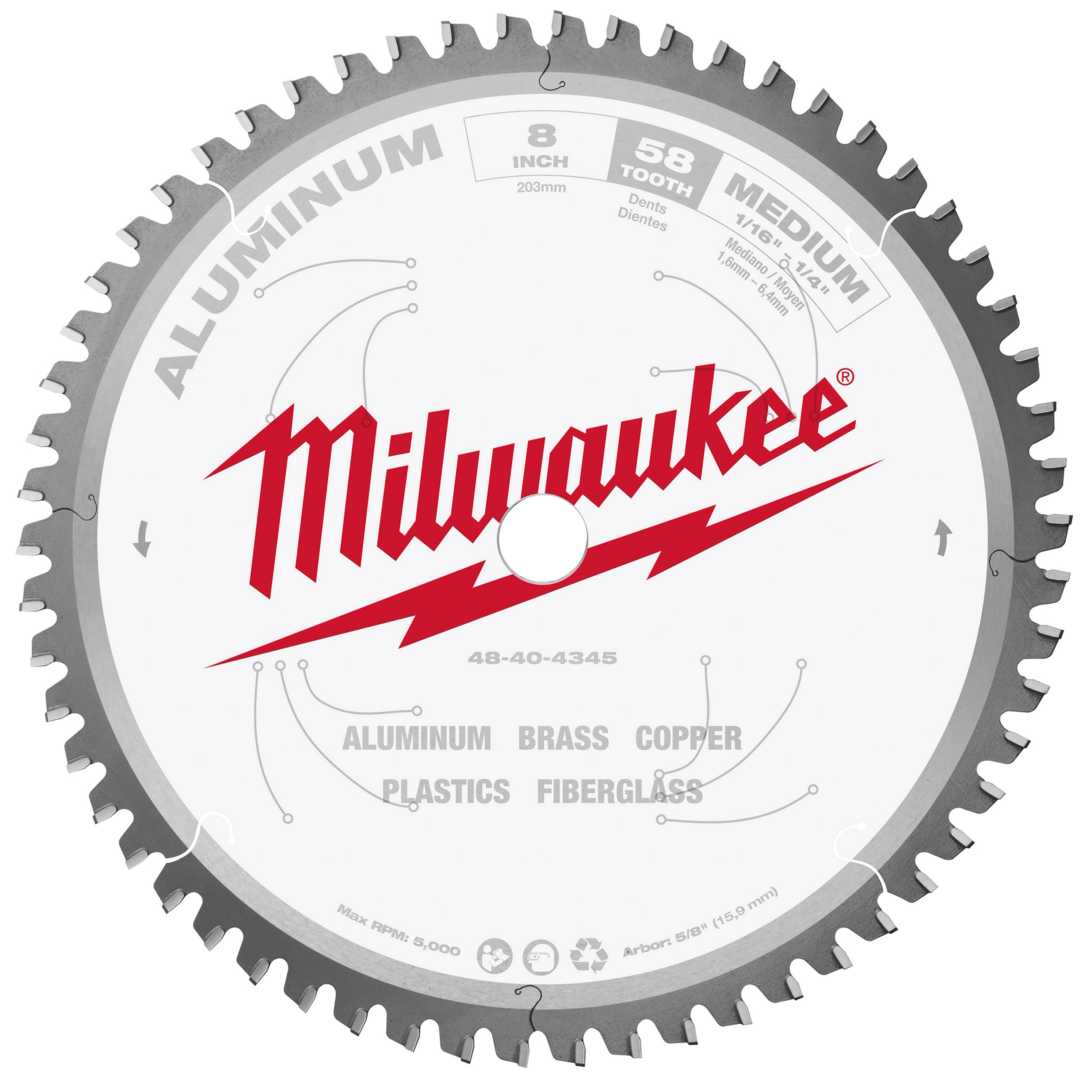 8-inch Aluminum Cutting Circular Saw Blade with 58 teeth by Milwaukee, designed for cutting aluminum, brass, copper, plastics, and fiberglass.