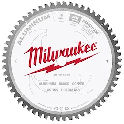 8-inch Aluminum Cutting Circular Saw Blade with 58 teeth by Milwaukee, designed for cutting aluminum, brass, copper, plastics, and fiberglass.